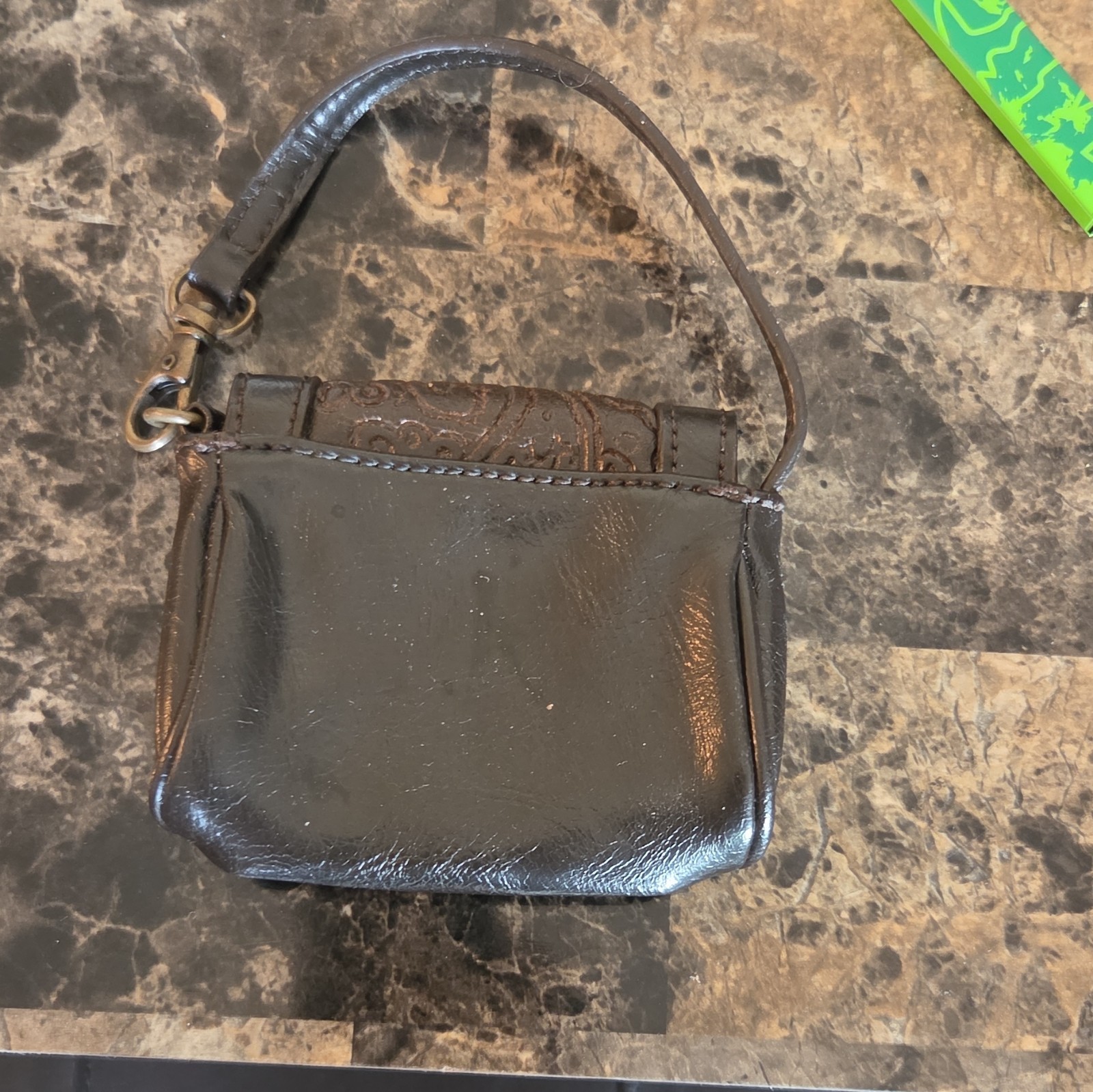 Women’s Brown Embossed Paisley Wristlet Purse, Snap, Silver Hardware