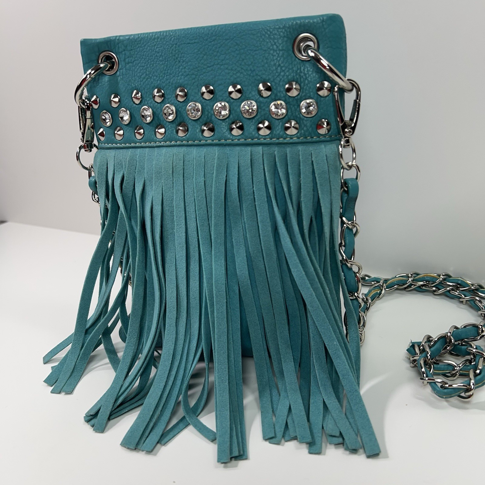 APT 9 Faux Leather Rhinestone Studded Crossbody Bag Chain Link Fringe Turquoise