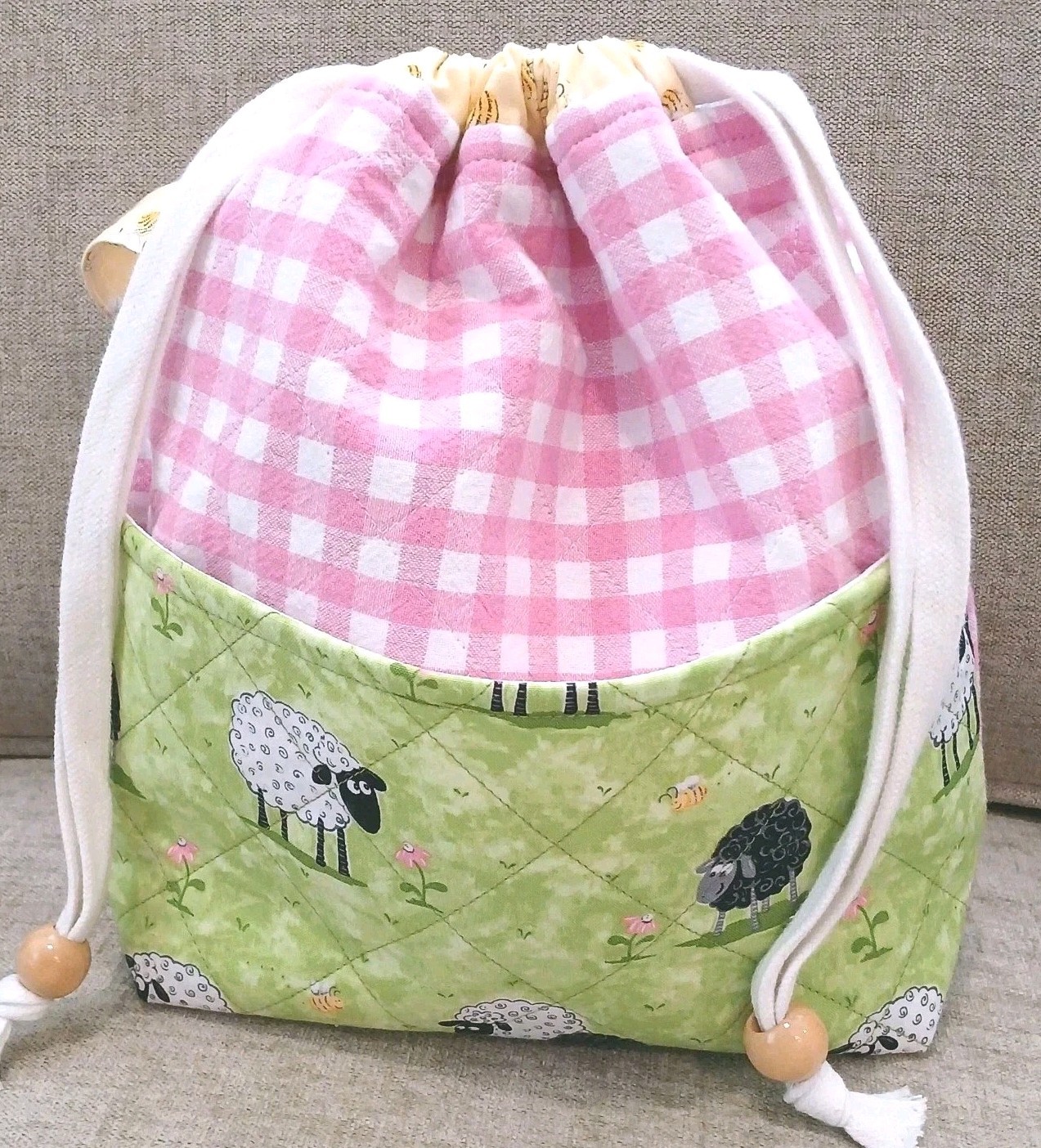 Handmade Quilted Drawstring Pouch, Pink Gingham Travel, Crochet, Knitters Bag
