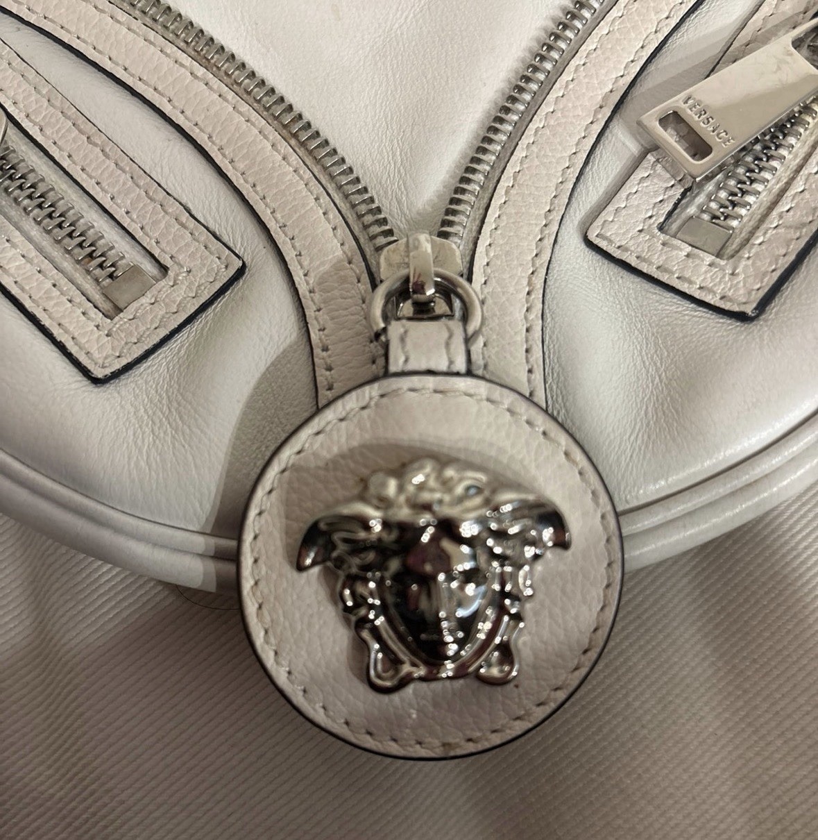 Versace Repeat La Medusa Mini Hobo Shoulder Bag White Calfskin Leather