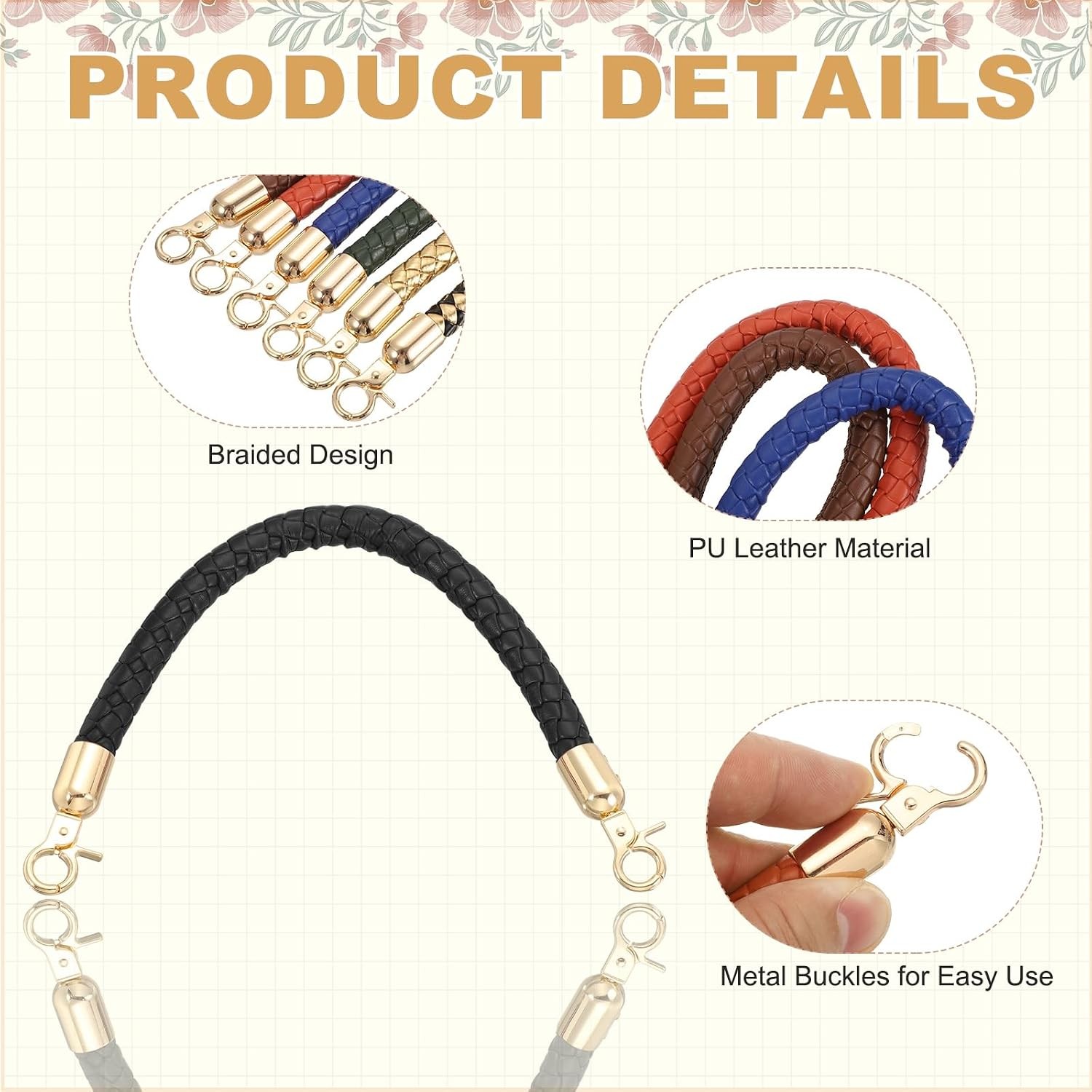 Braided Leather Purse Straps 11.8 Inch Black PU Leather Handbag Handles