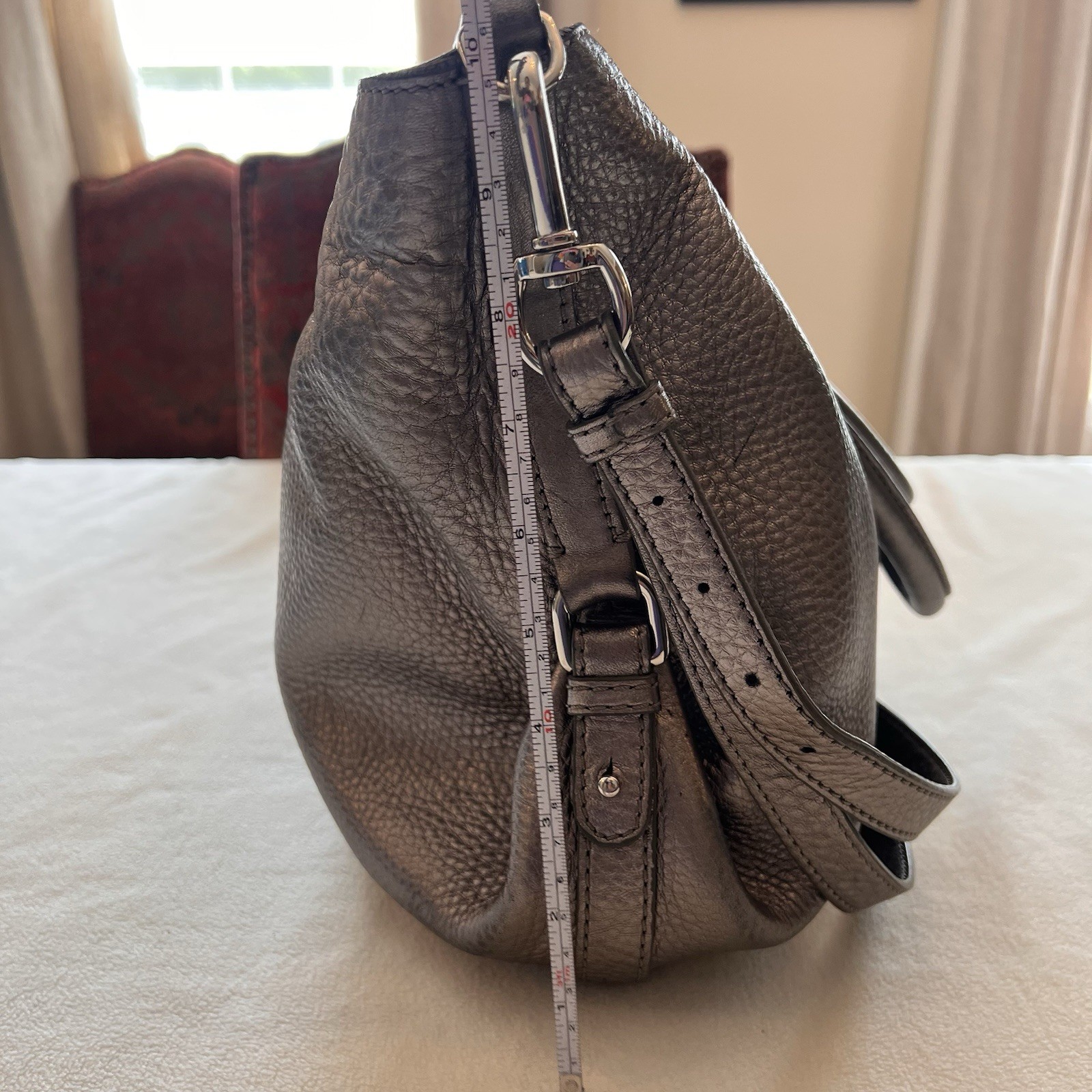 Cole Haan Platinum Silver Metallic Pewter Leather Handbag Hobo Tote Purse