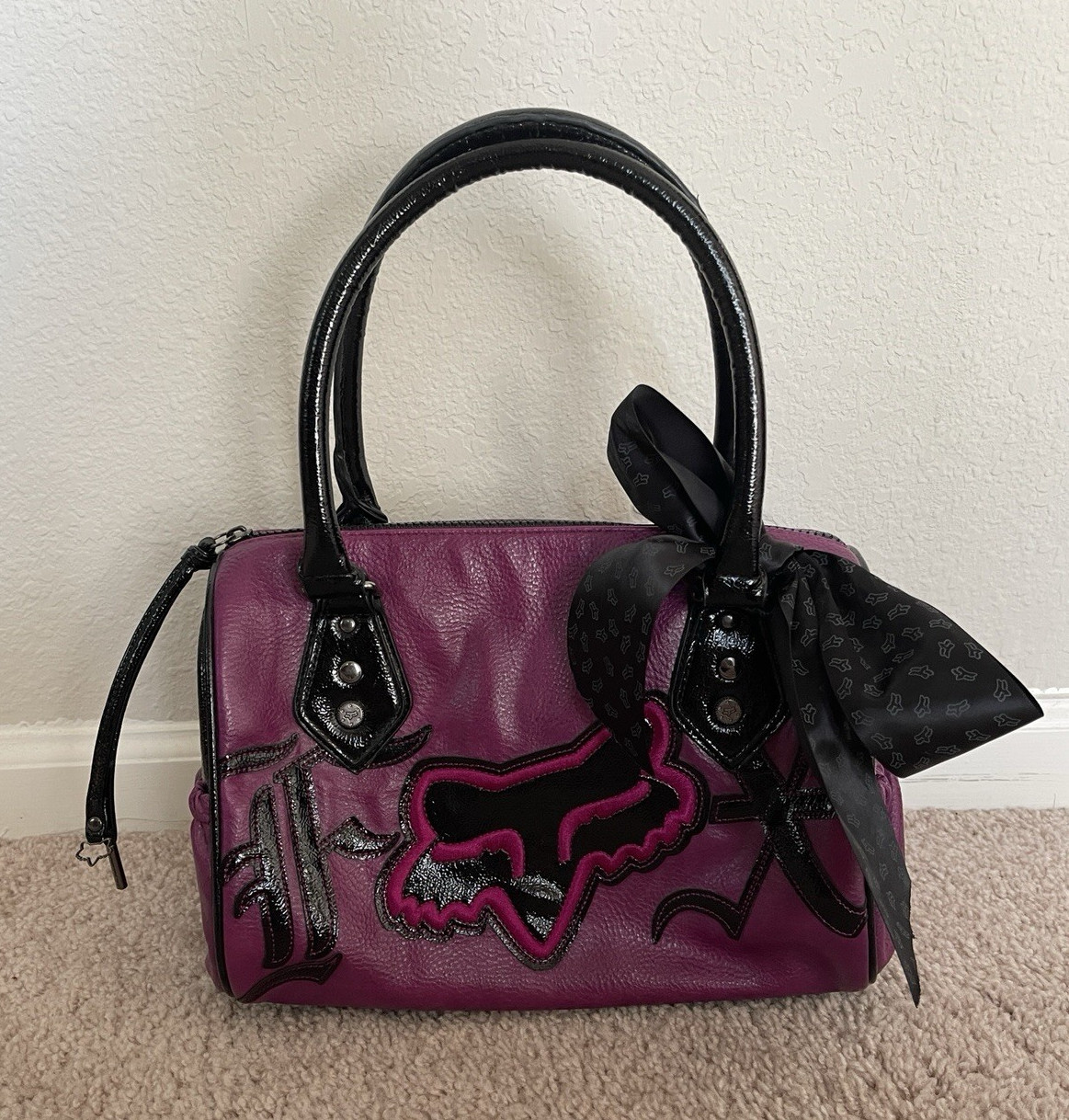 Fox Racing Y2K 90 Purple/Black Top Handle Purse, Lined, Pockets, Charm, Bow