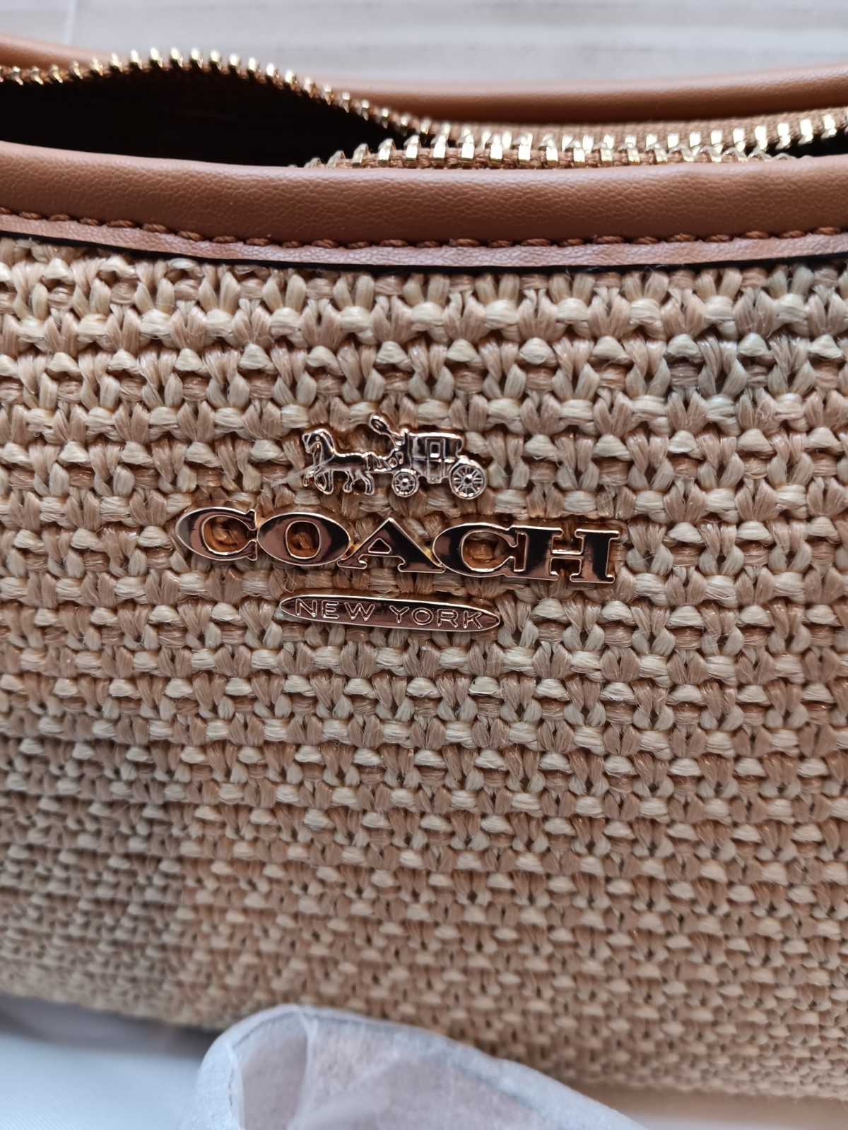 COACH CR350 Teri Shoulder Bag Crossbody Straw Leather Latte Outlet