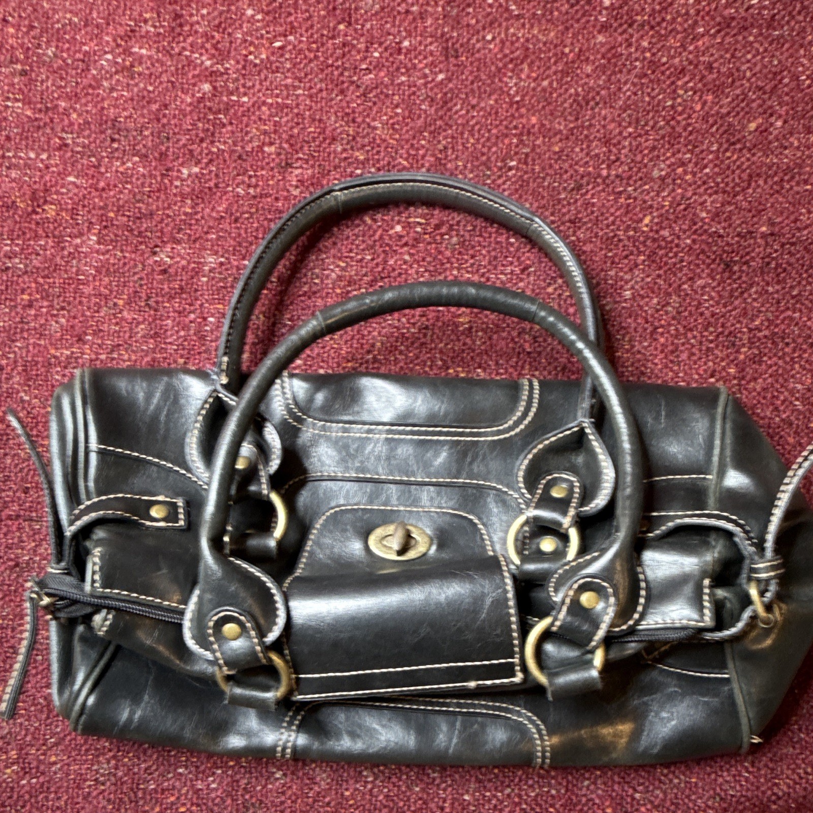 Women’s Black Satchel Top Handle Bag Zip Turn Lock Double Handles Brass HW