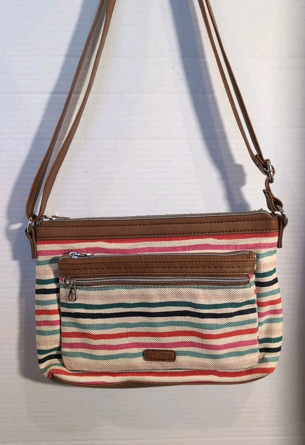RELIC by FOSSIL COLORFUL STRIPES Woven CROSSBODY/SHOULDER BAG BROWN TRIM