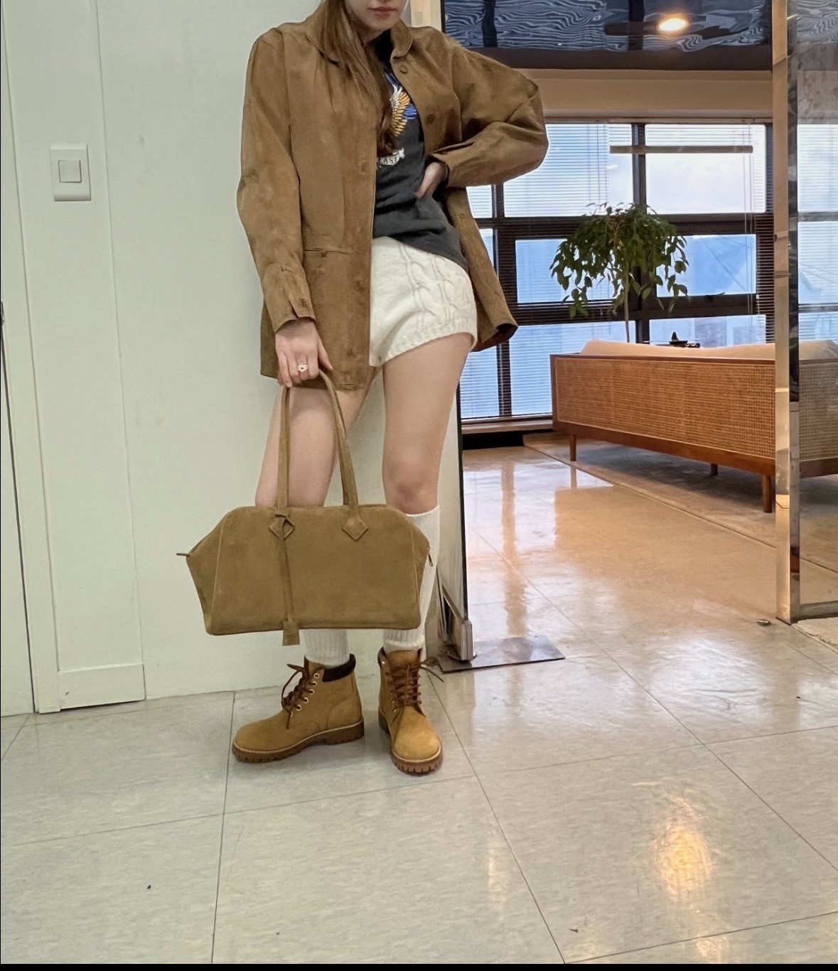 Genuine Cowhide Suede Leather Camel Shoulder Bag Minimal Classic 33cm