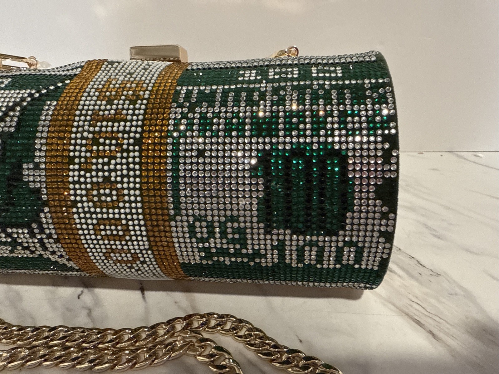 Money Roll Rhinestone Purse Novelty Handbag One Hundred Dollar Bill Round READ