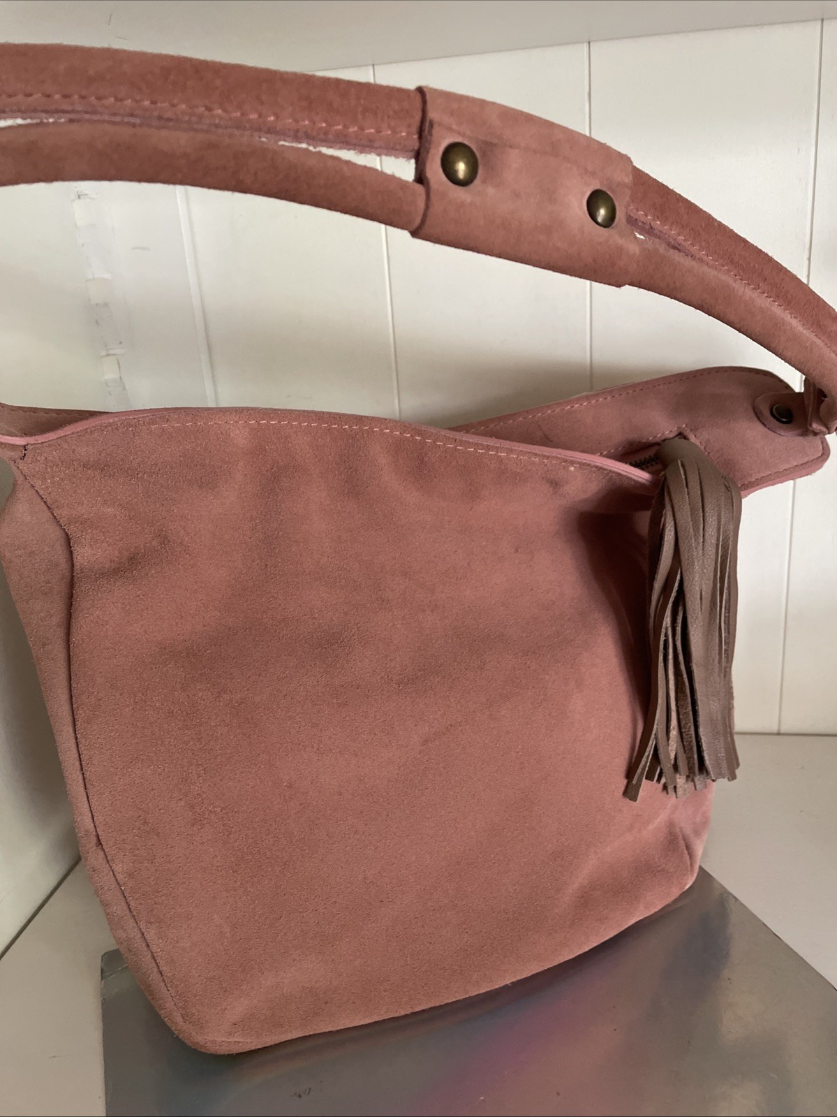 Sundance Prue Bag Dusty Pink Suede Hobo Shoulder Bag Tassel Zipper