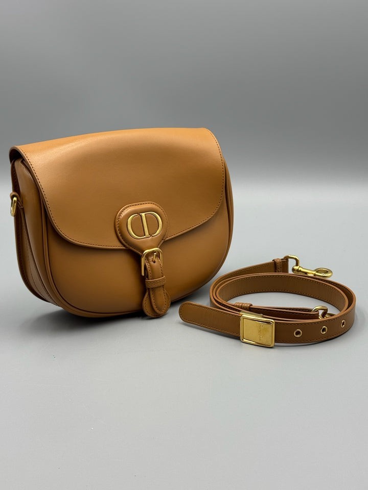 EUC Dior Medium Bobby Bag In Box Calfskin with Strap Gold Hardware Tan Caramel