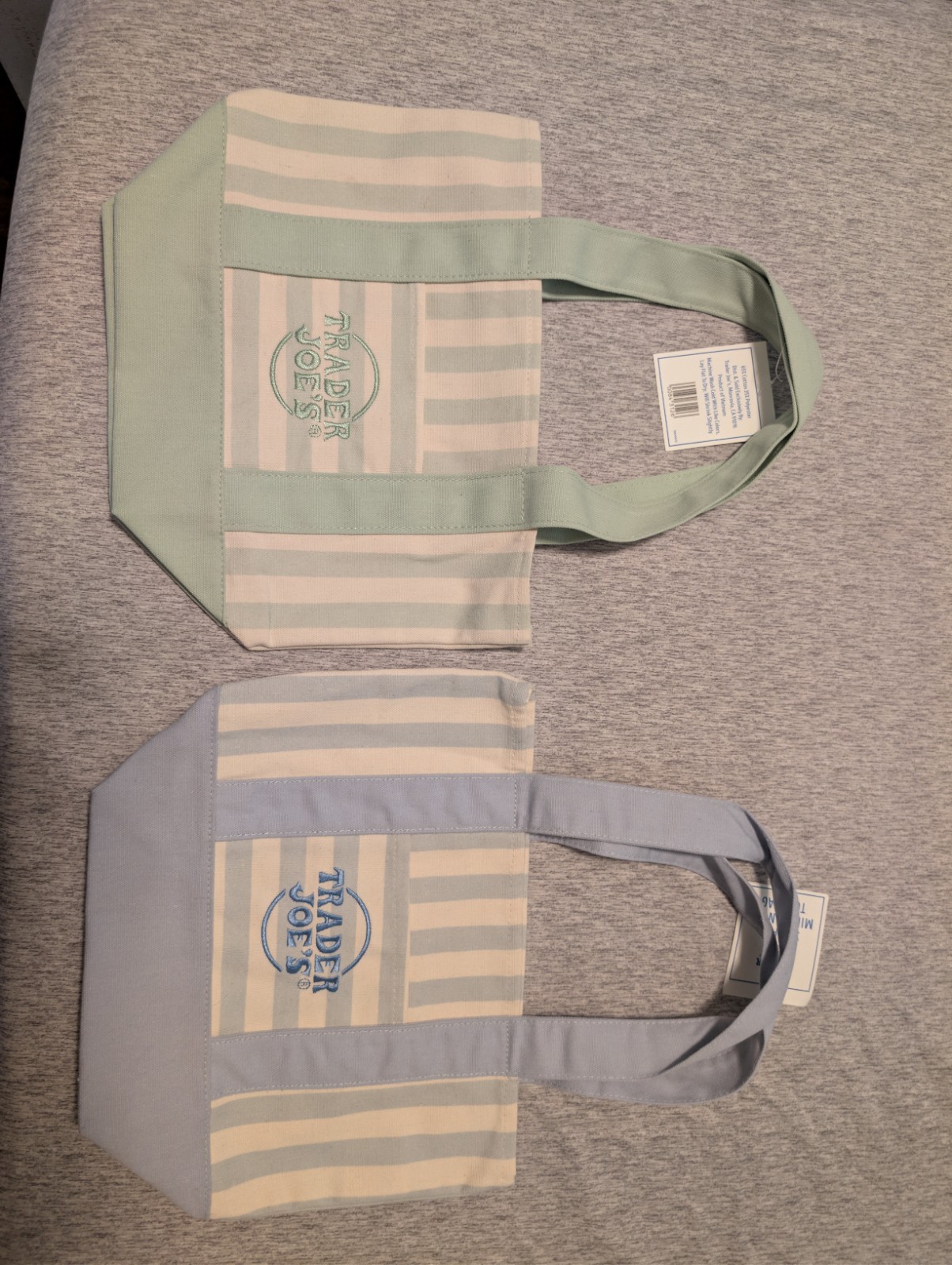 NEW Trader Joes Striped Mini Canvas Tote Bag |Green – Blue| Set of 2