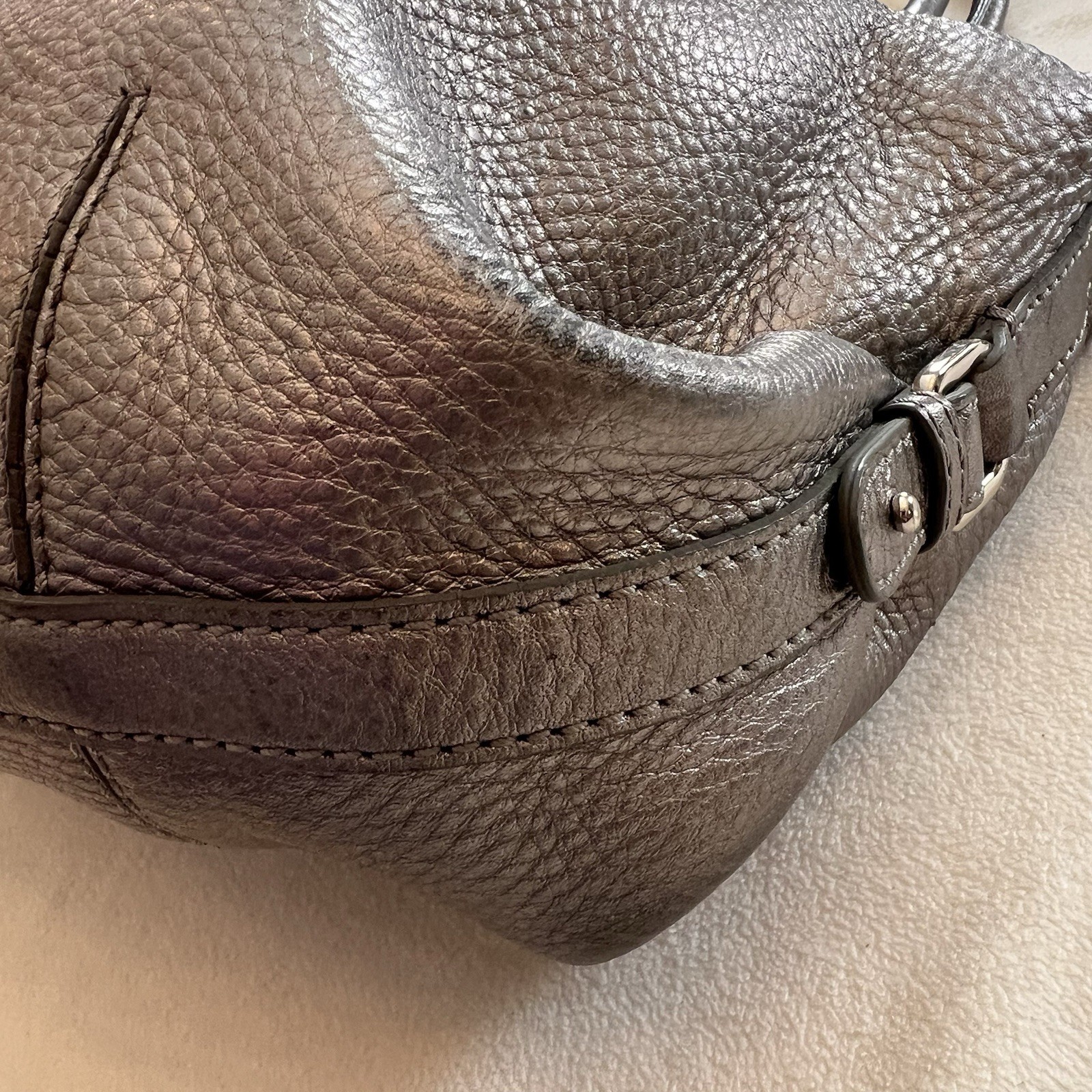 Cole Haan Platinum Silver Metallic Pewter Leather Handbag Hobo Tote Purse