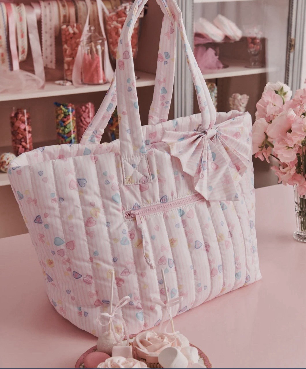 Roller Rabbit x Love Shack Fancy Candy Heart Quilted Zip Top Tote & Pouch NWT