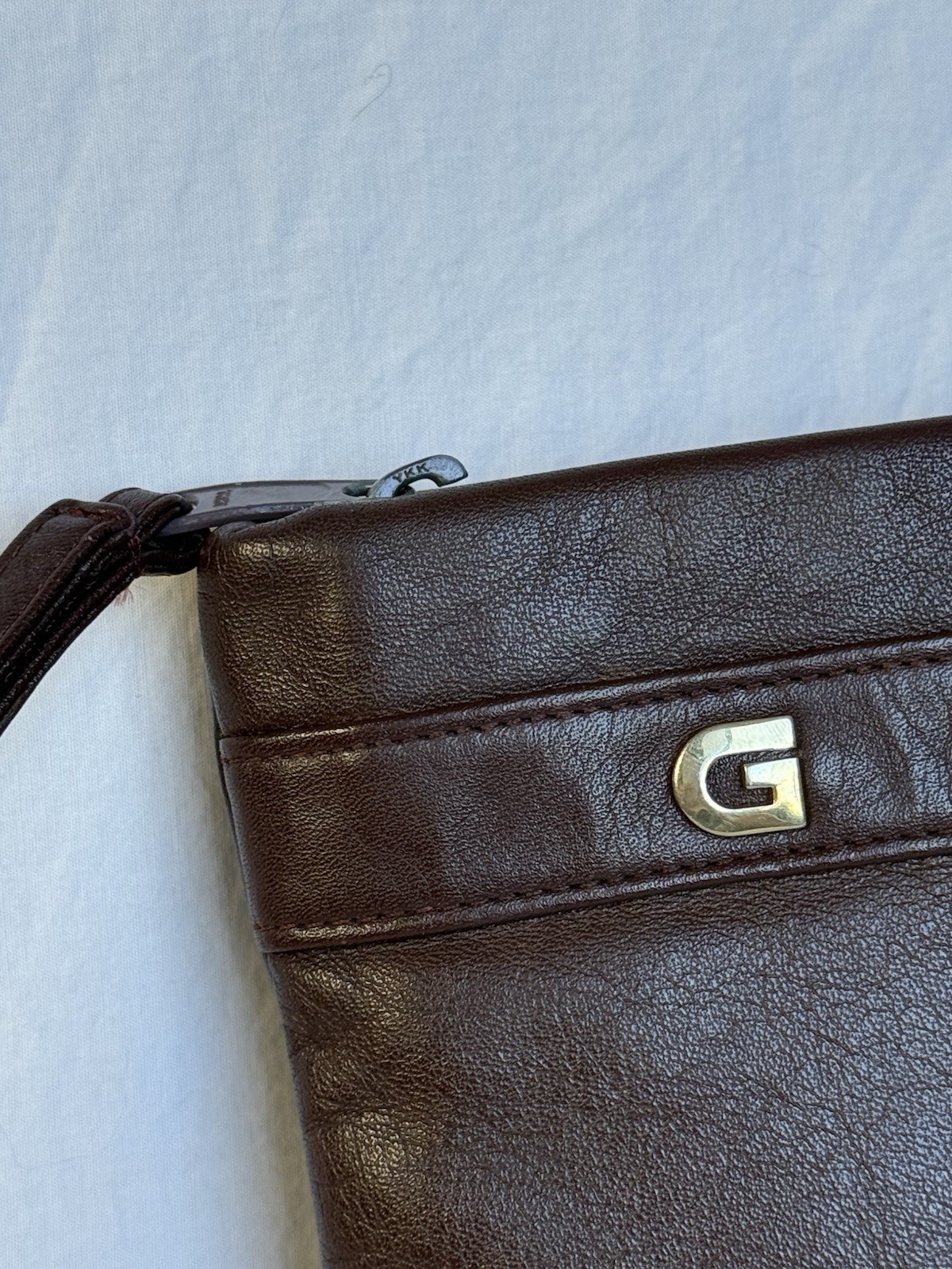 Vintage GANSON Leather Clutch Bag Gold G Logo Minimalist 70s 80s Brown