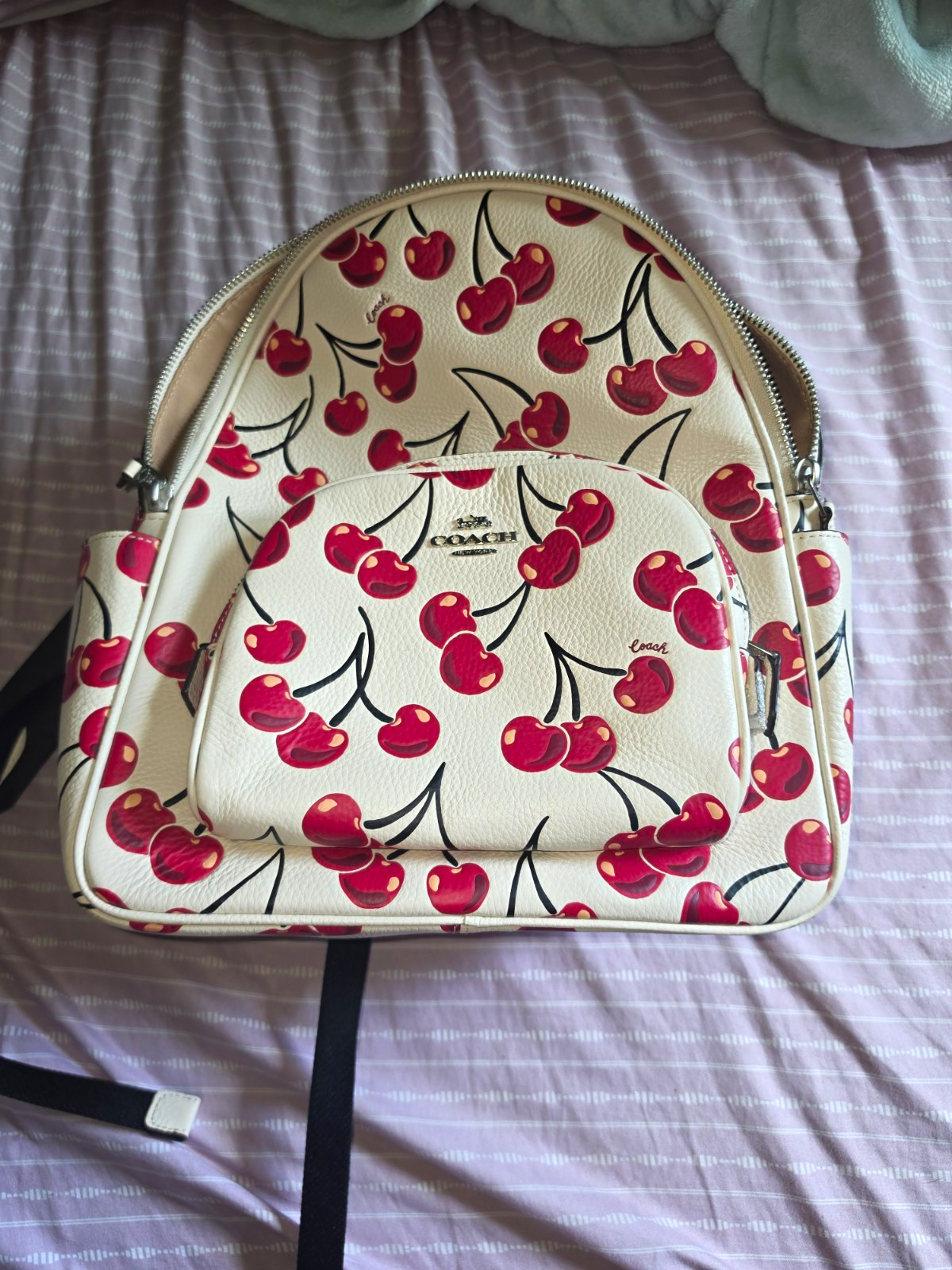 Coach Mini Cherry Print Backpack Zip Closure Silver Hardware Dust Bag Pockets