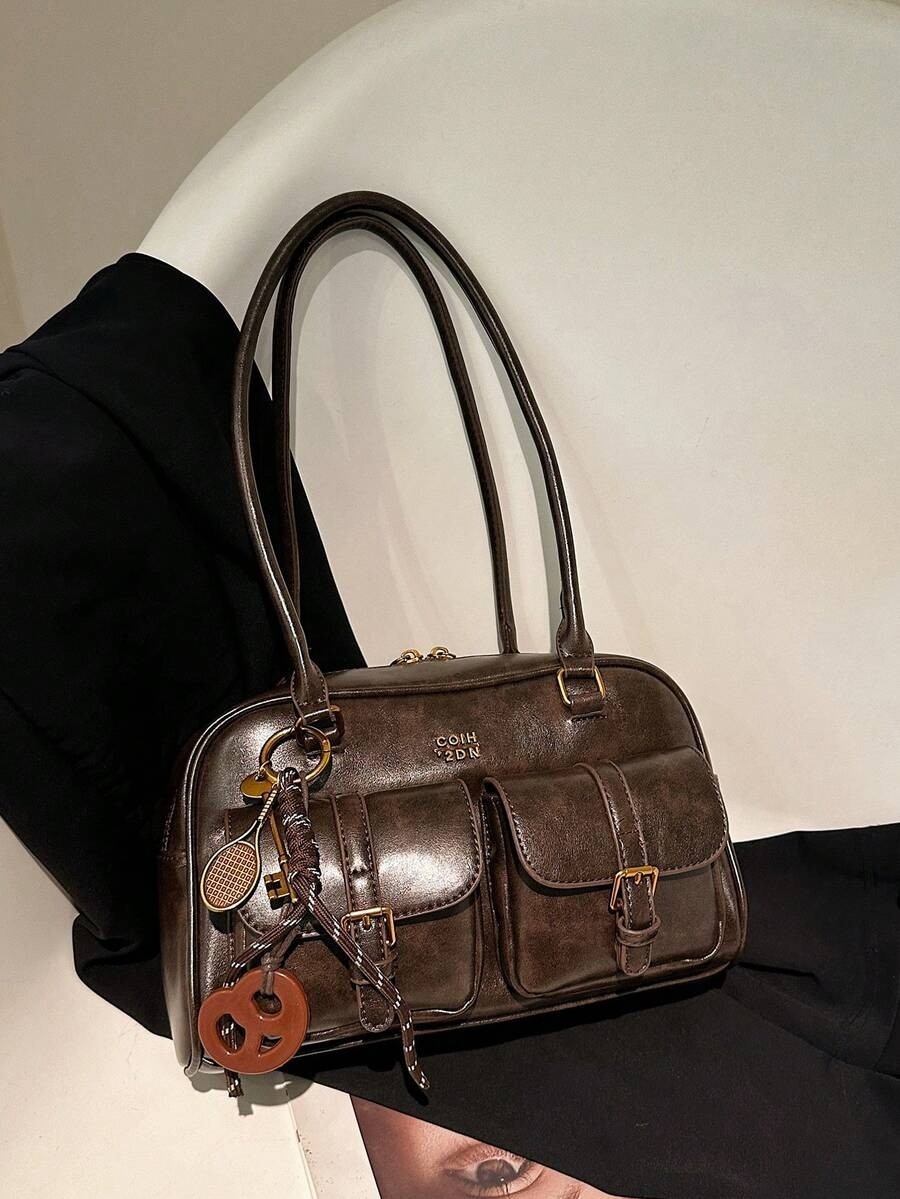 Vintage Brown Faux Leather Shoulder Bag Double Pocket Y2K Utility Satchel Purse
