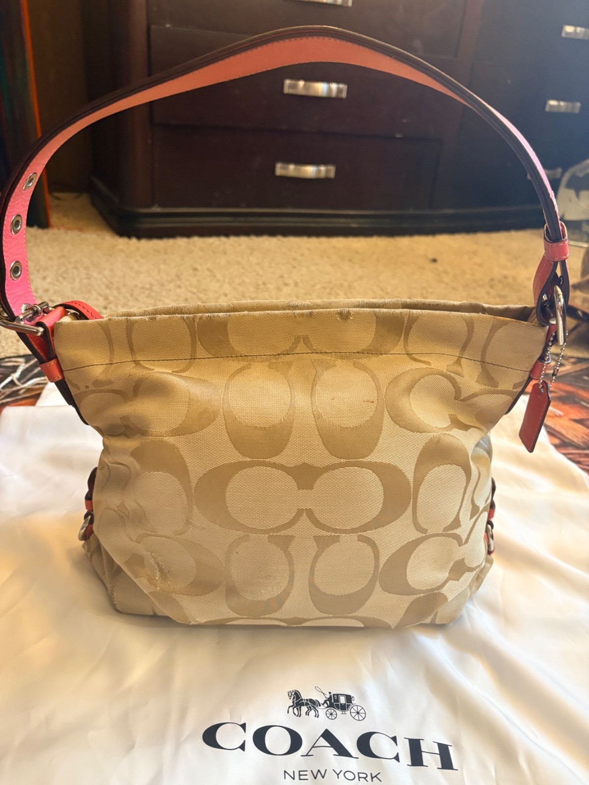 Coach Signature Khaki Pink Jacquard Hobo Shoulder Bag F15087 Hangtag Large
