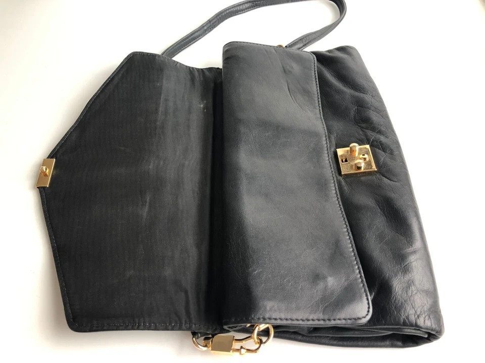Ladies Clutch Black Calf Leather Shoulder Bag Handbag Evening Bag
