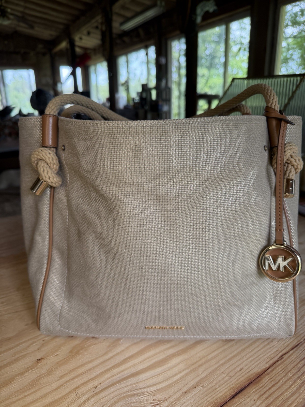 Michael Kors Beige Tote Rope Double Handles Magnetic Close Gold Charm Pockets