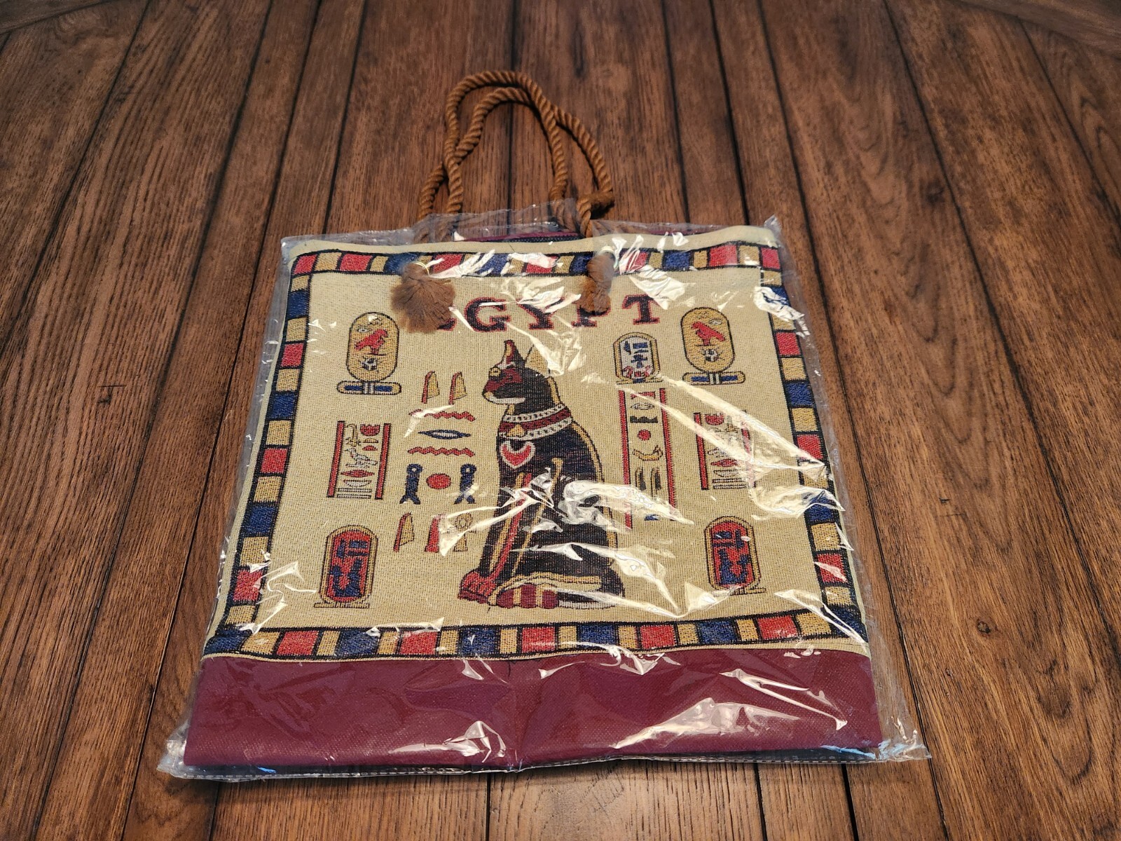 Egypt Sphinx Cat Tote Rope Handle Canvas Purse Grocery Bag Hieroglyphics