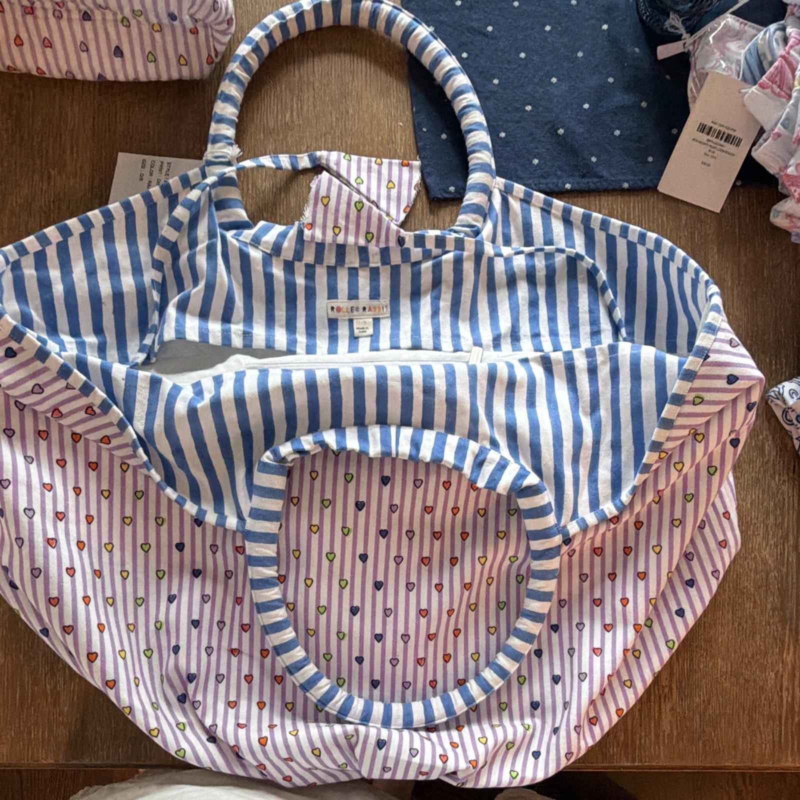 Roller Rabbit Disco Hearts Striped Quilted Zip Tote w/ Pouch, Inner Pockets