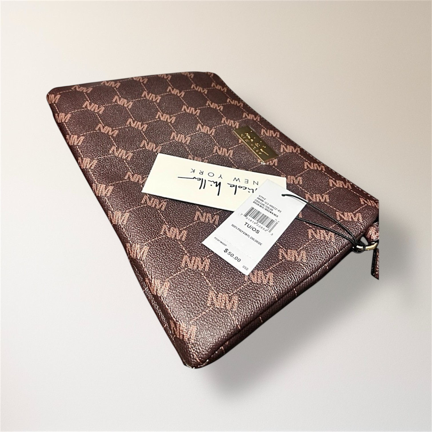 New Nicole Miller New York Brown Monogram Crossbody Bag Coin Purse Minimal Luxe