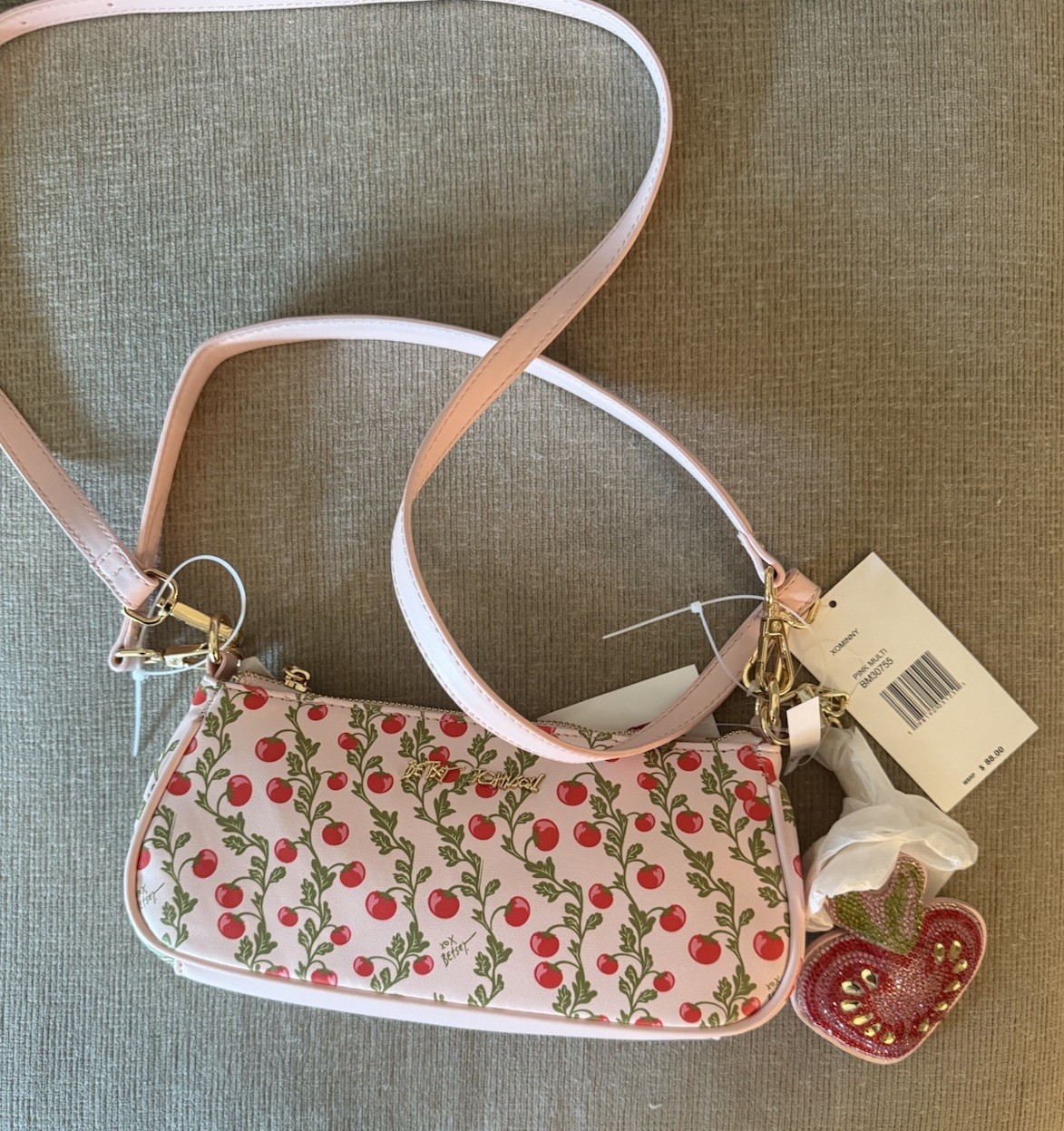 Betsey Johnson Cherry tomato Small Crossbody Bag Detachable Strap Charm Zip
