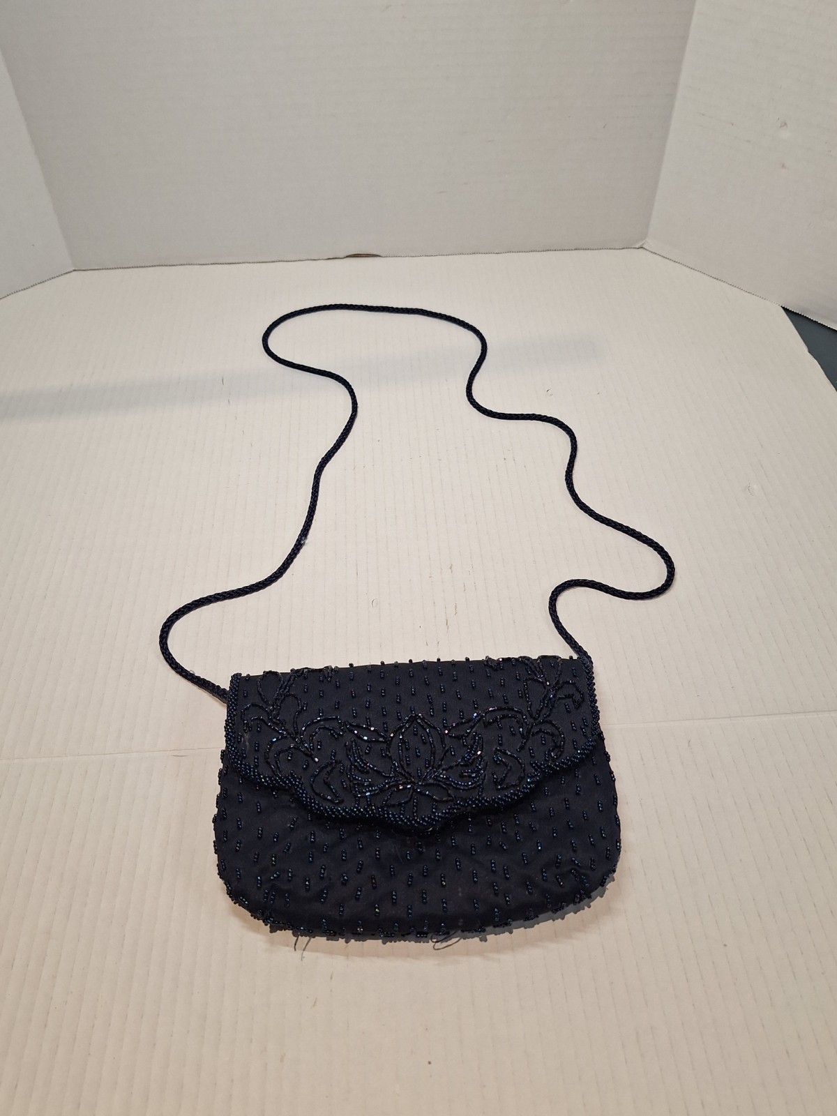 Small Navy Blue Beaded Purse, Snap Closure, Evening Wear, Over The Shoulder