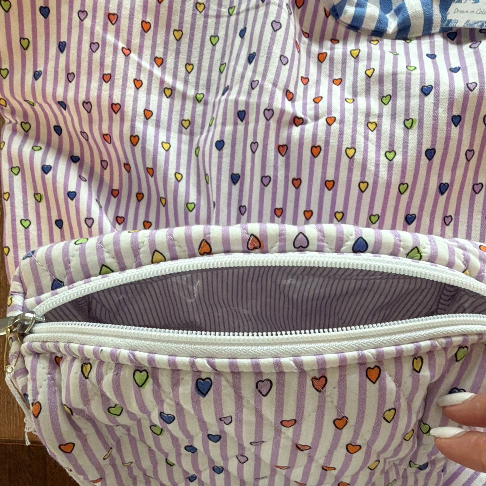 Roller Rabbit Disco Hearts Striped Quilted Zip Tote w/ Pouch, Inner Pockets