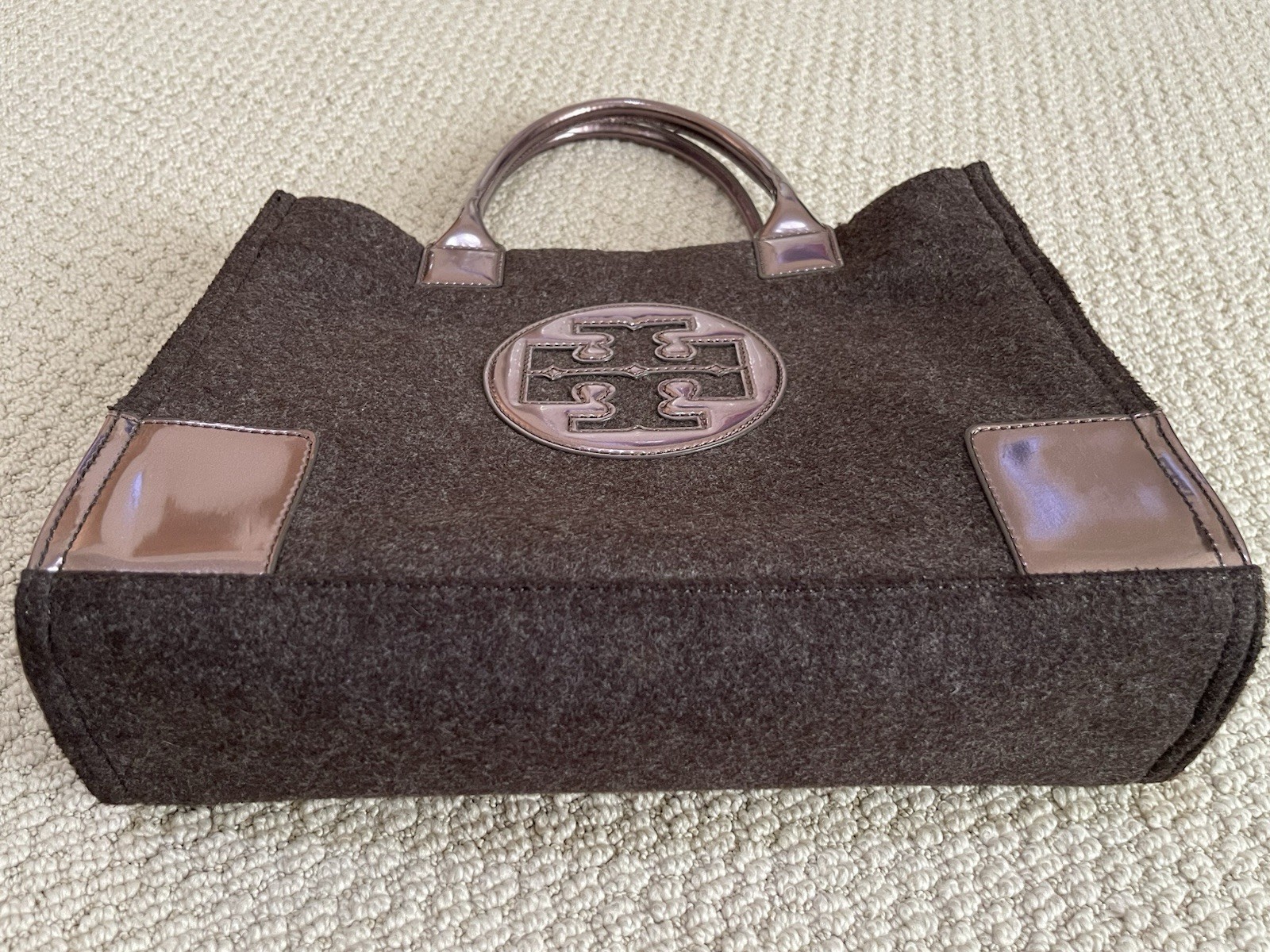 Tory Burch Brown Felt Bronze Patent Leather Handbag Tote