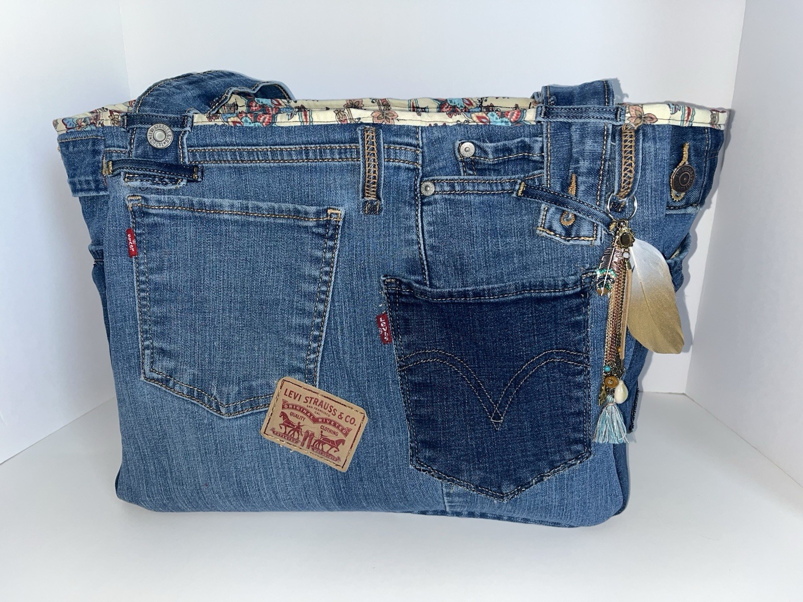Upcycled Levi’s Blue Jean Tote/Purse Floral Lining Maginet Snap