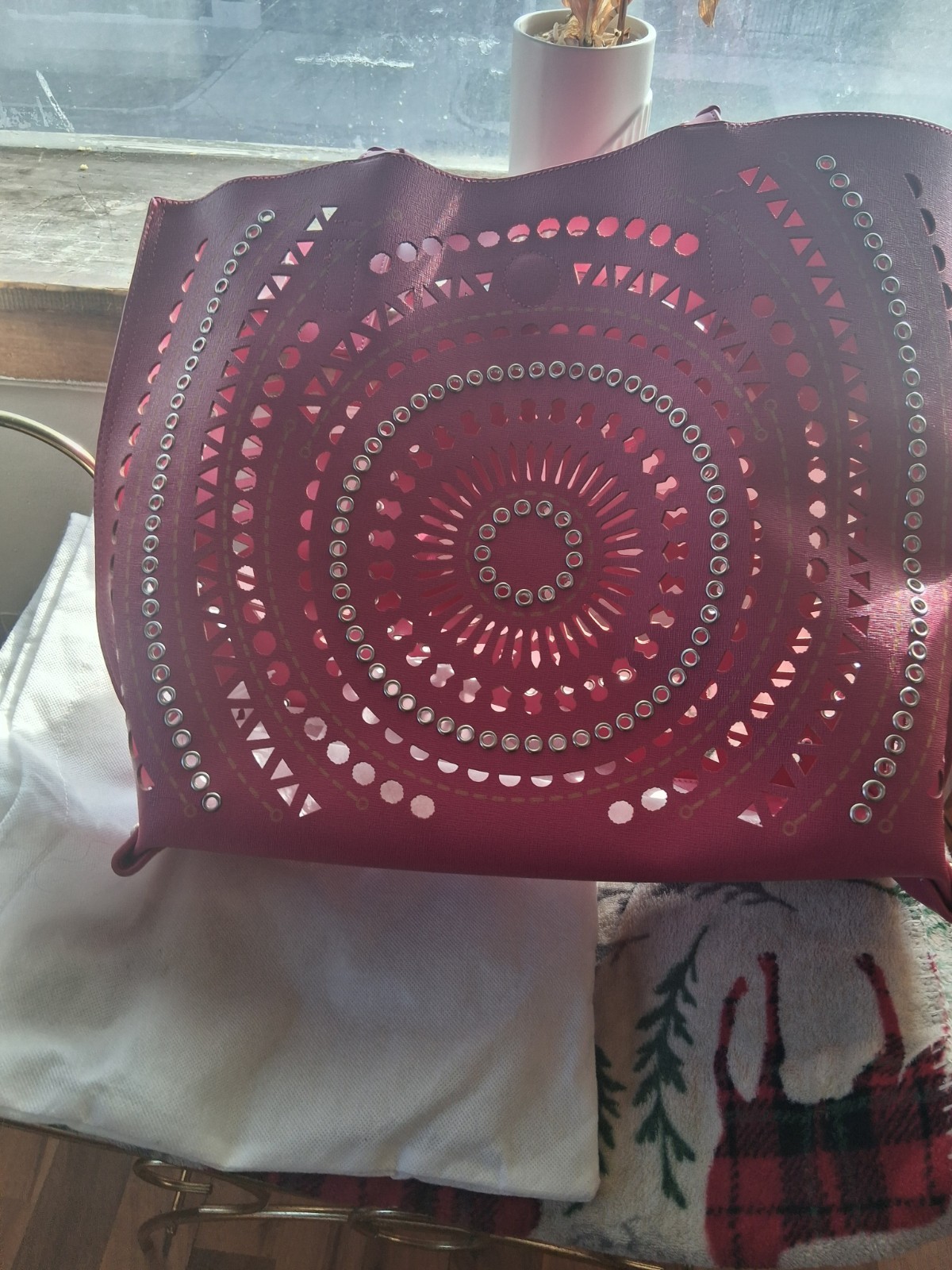 burgundy Cut Out Studded Women’s Tote Bag, Silver Hardware, Geometric Pattern