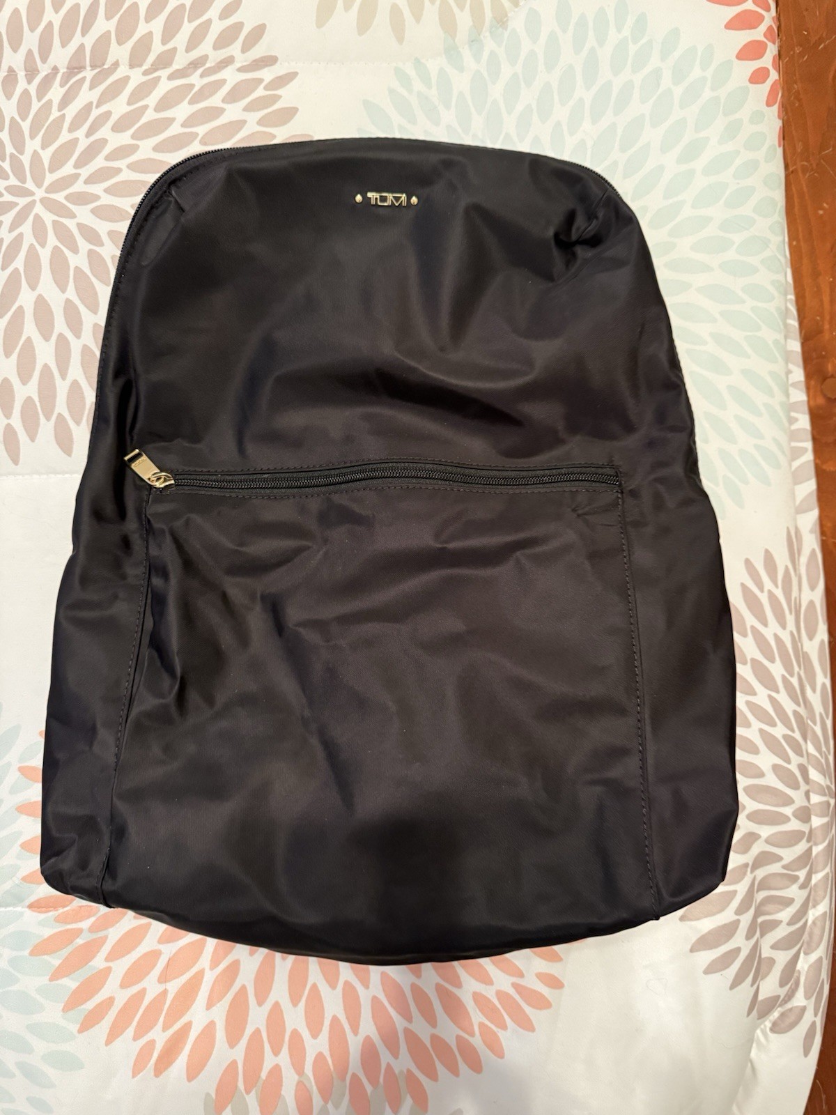 Tumi Black Backpack Front Zip Pocket Gold Hardware Solid Zip Closure Women