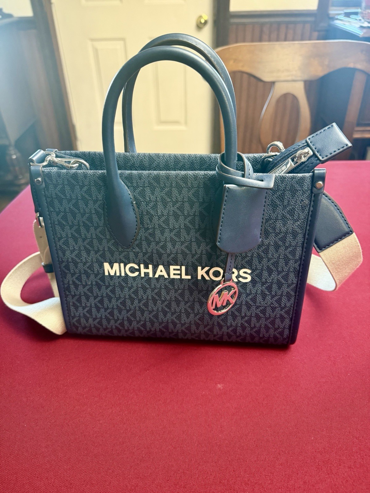 Michael Kors Small Mirella Signature Logo Crossbody Bag Admiral Blue MK Logo