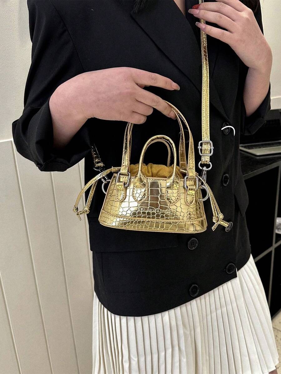 Mini Croc Embossed Bucket Bag Women Drawstring Novelty Crossbody Shoulder
