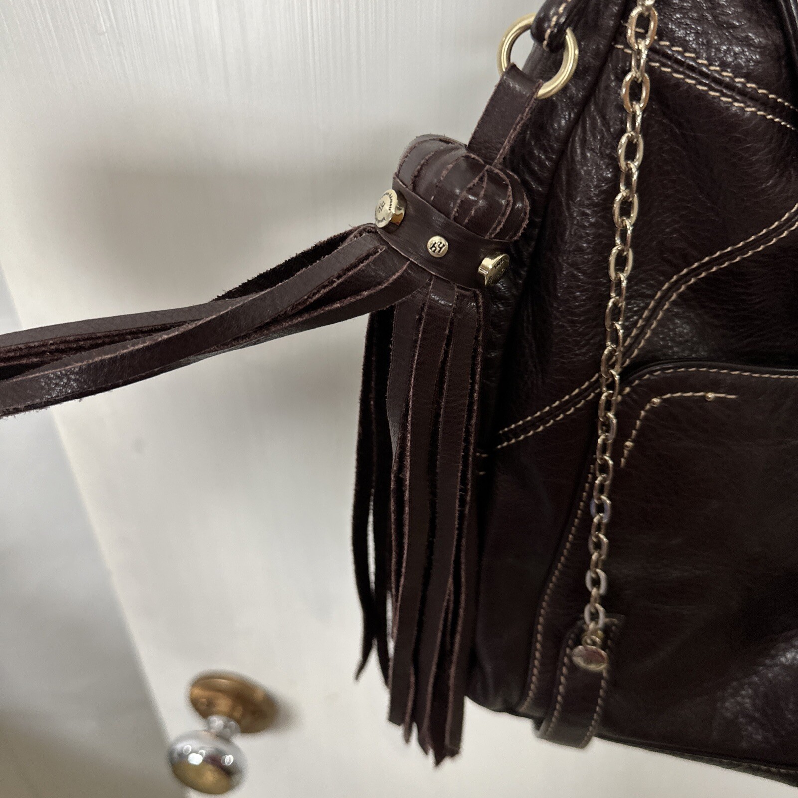 Vintage Hayden Harnett Havana Shoulder Bag Hobo Tassel Brown Leather Topstitch