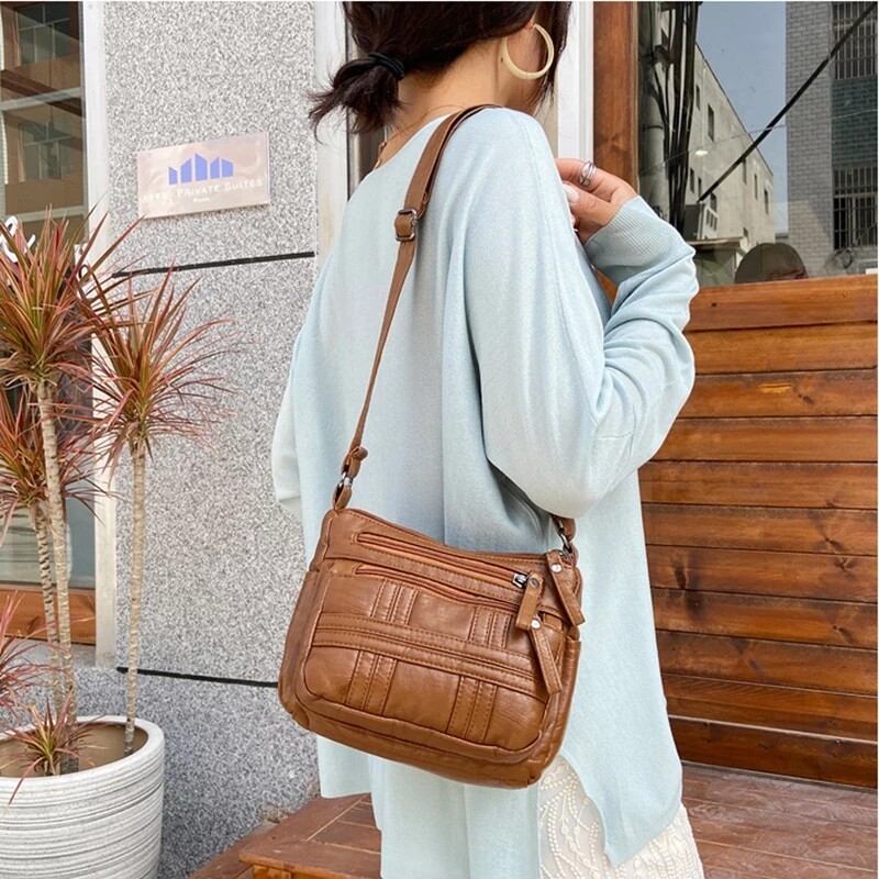 Women’s Leather Organizer Purse Shoulder Bag Multiple Pockets Crossbody Handbag