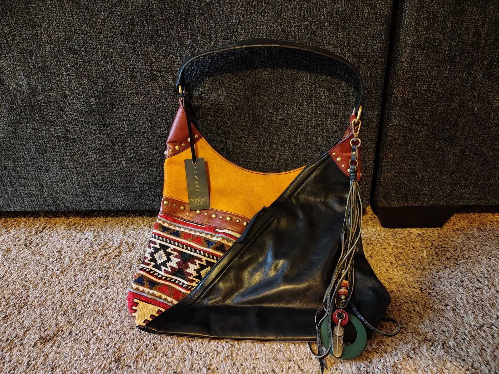 Sharif 1827 Western Boho Shoulder Bag Black Multicolor Fringe Studded Medium