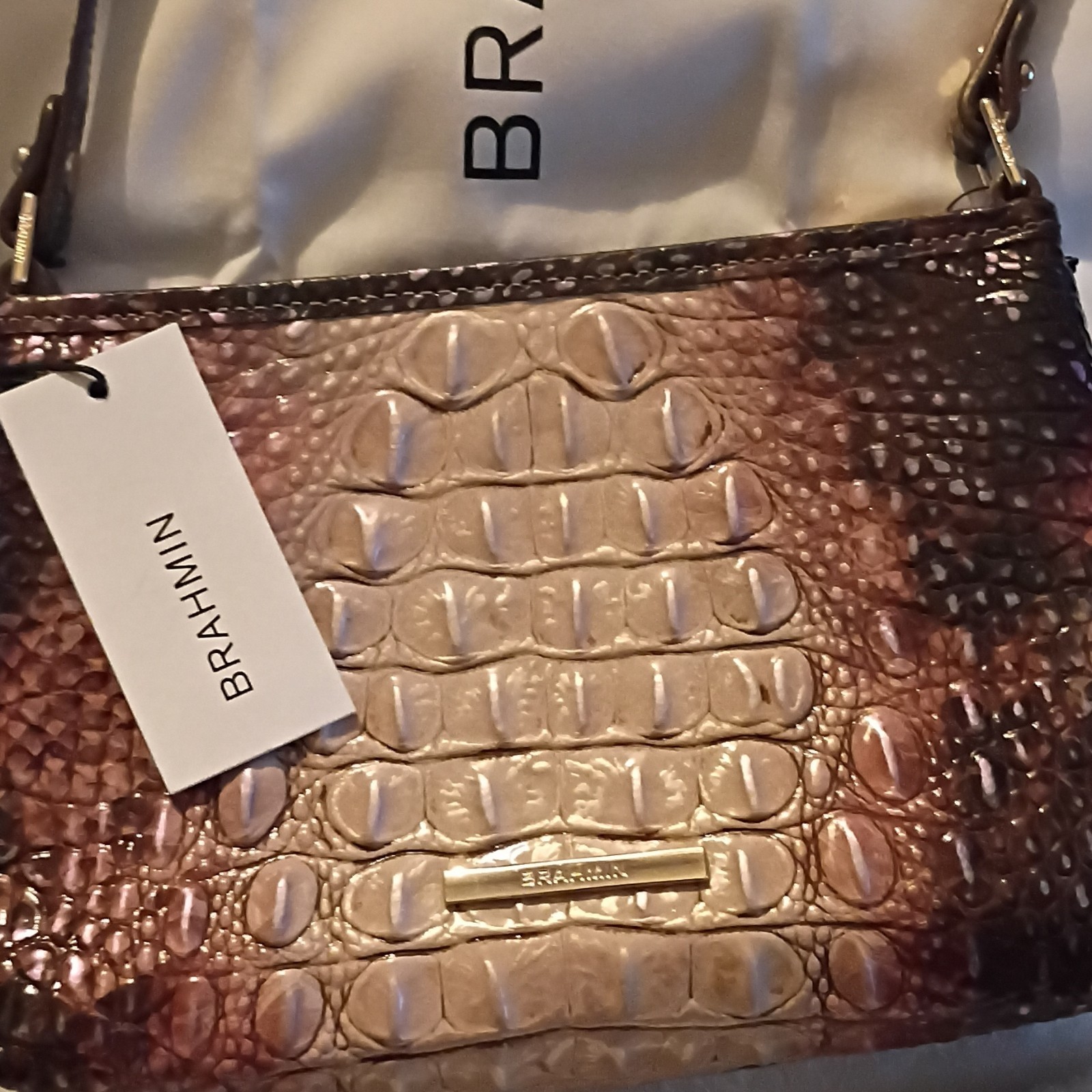 Brahmin Brown Crocodile Embossed Shoulder Bag Gold Hardware Original Dust Bag
