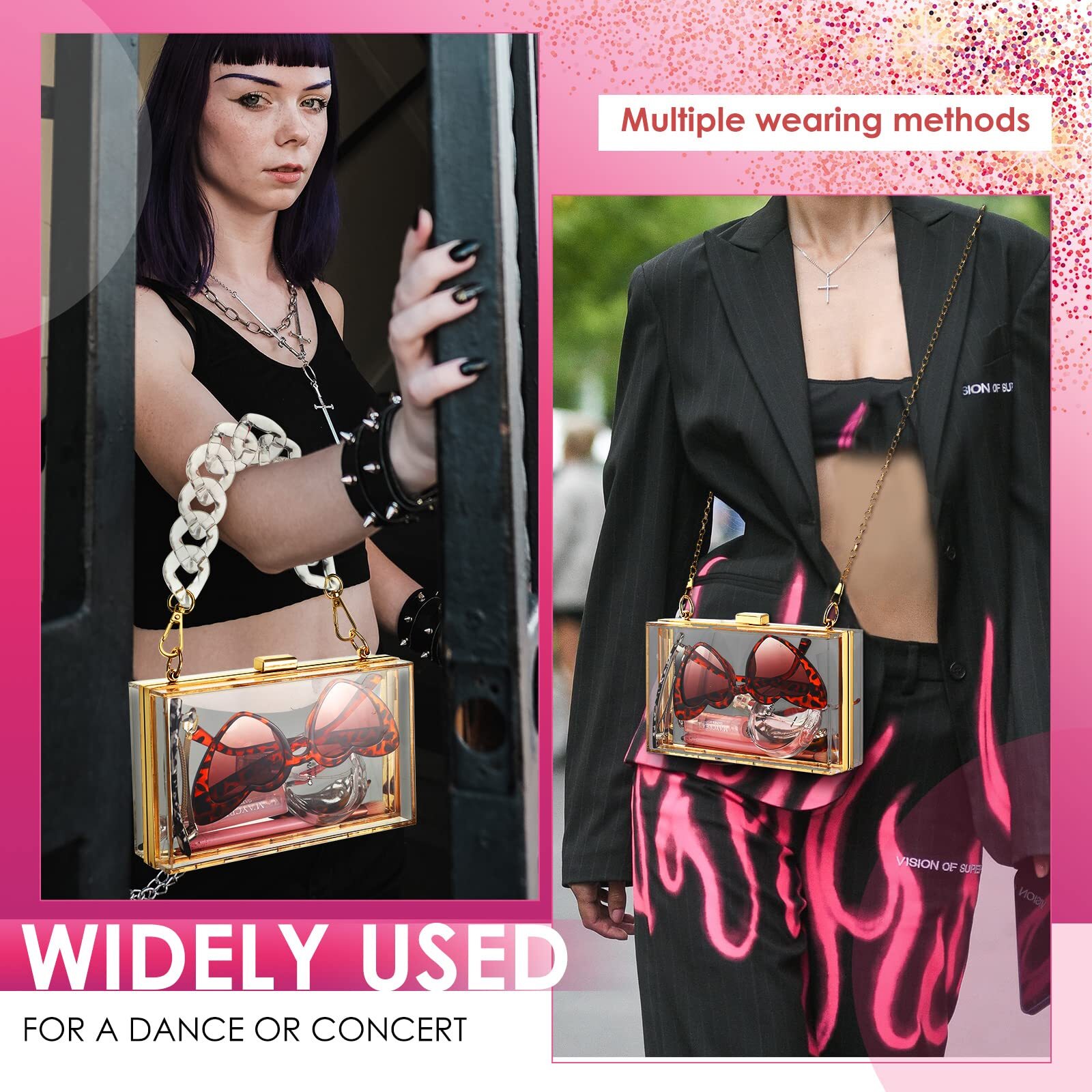 Hillban 2 Pcs Acrylic Clutch Purses Hot Pink Purses Clear Pink Purse Evening