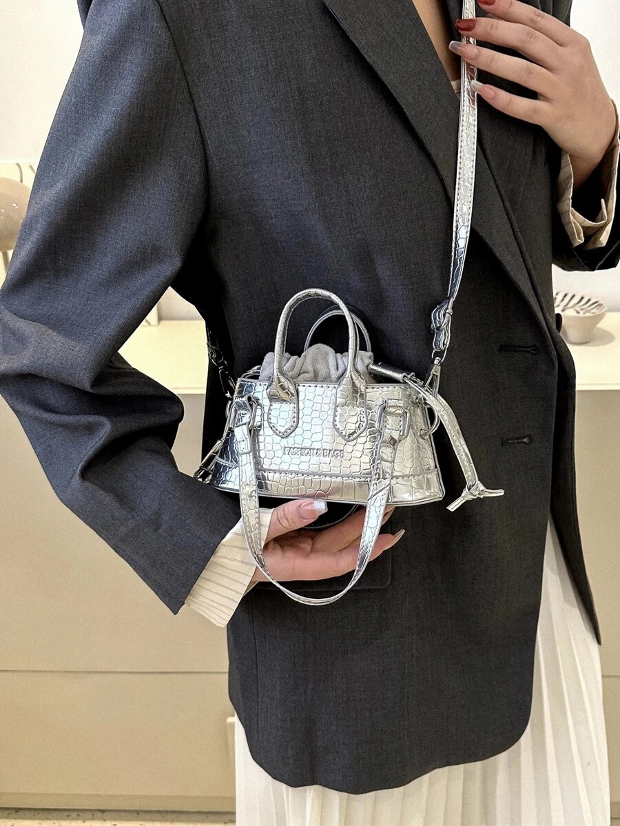 Mini Croc Embossed Bucket Bag Women Drawstring Novelty Crossbody Shoulder