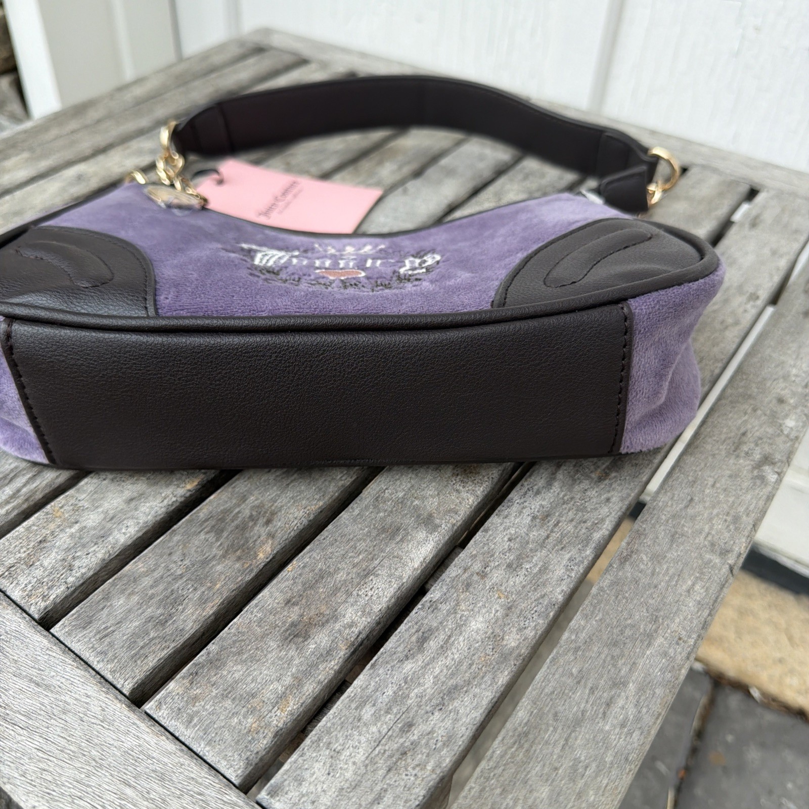 NWT Juicy Couture Dusty Violet/Chocolate Brown Velour Heritage Shoulder Bag