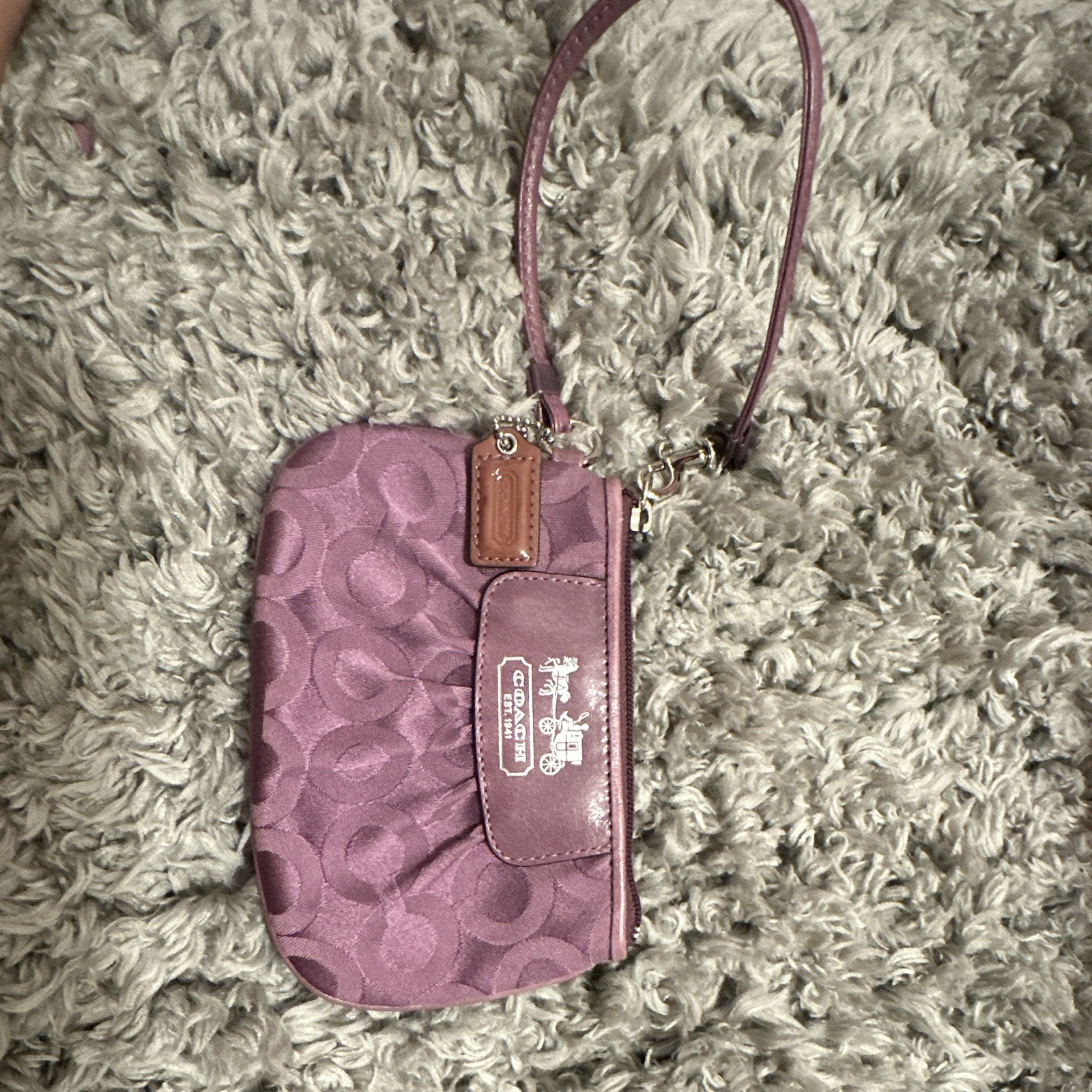 Coach Purple Signature Wristlet Zip Pouch w/ Wrist Strap, Silver Hardware