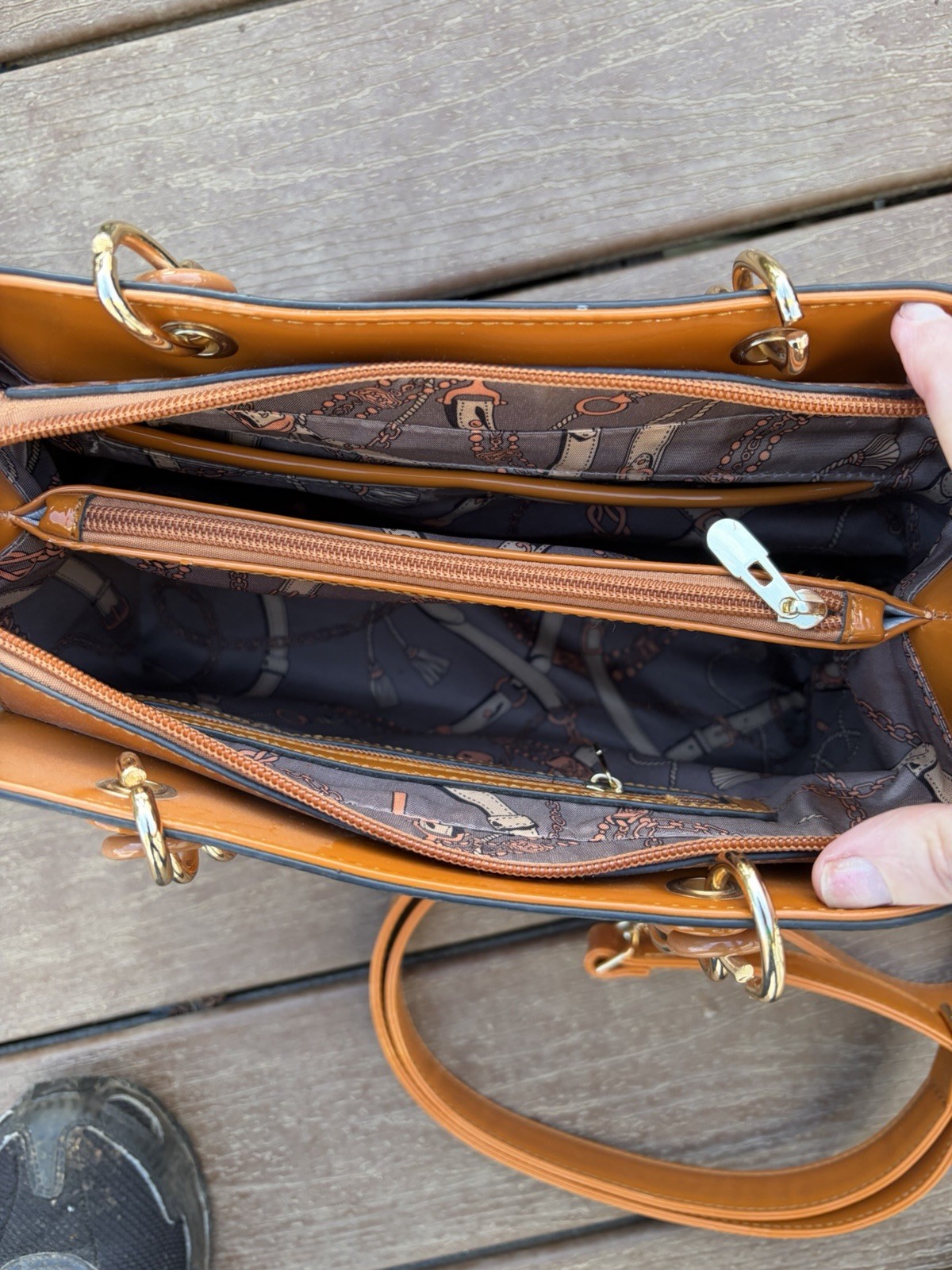 Glossy Caramel Colored Patent Leather Shoulder Bag with Gold Hardware