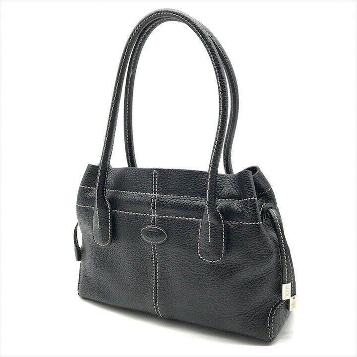 Tods Black Leather Shoulder Hand Bag Tote Purse Women Italy Luxury 27cm 19cm