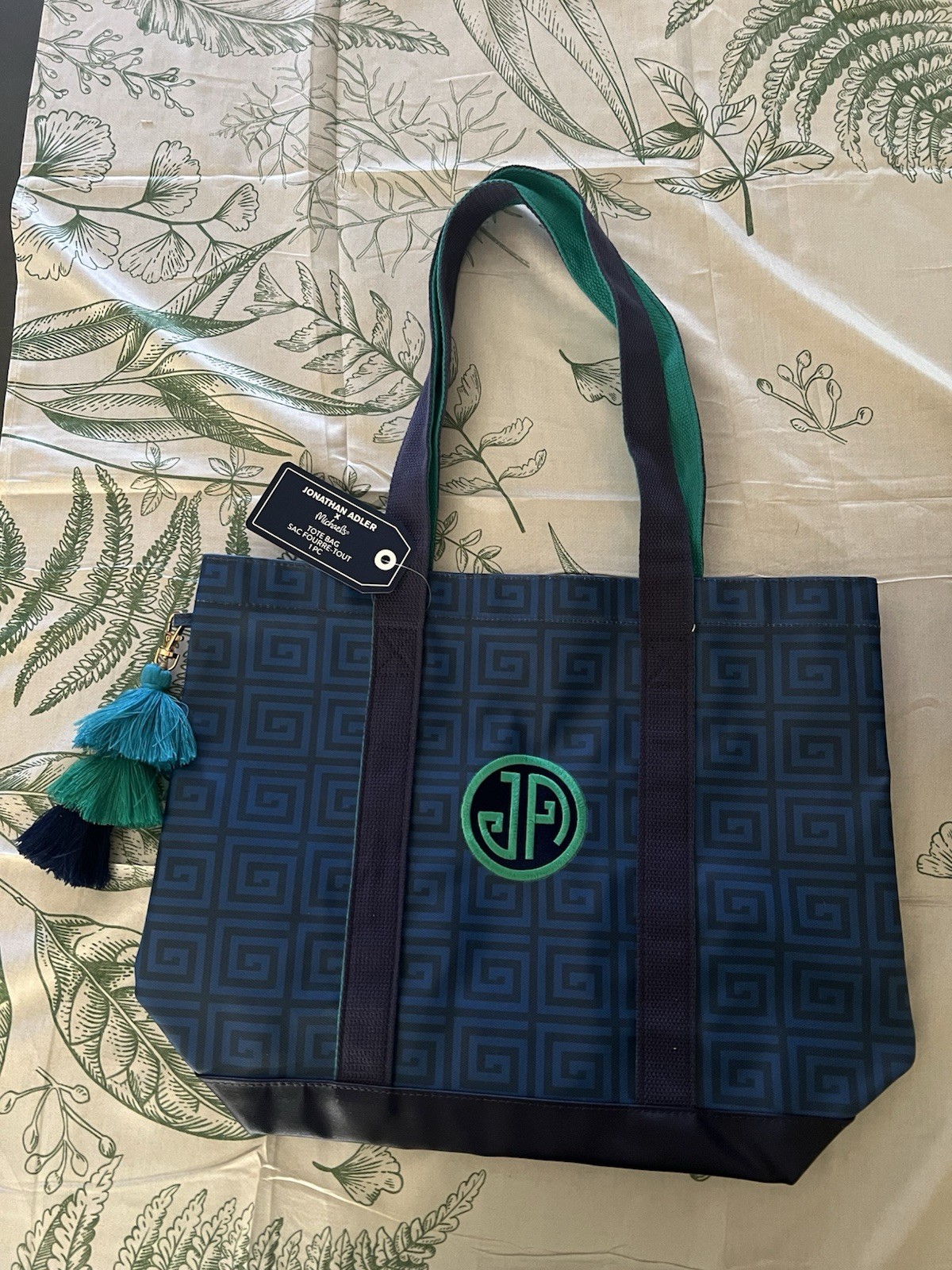 Jonathan Adler x Michaels Blue Greek Key Tote Bag Tassel NWT Mahjong Collection