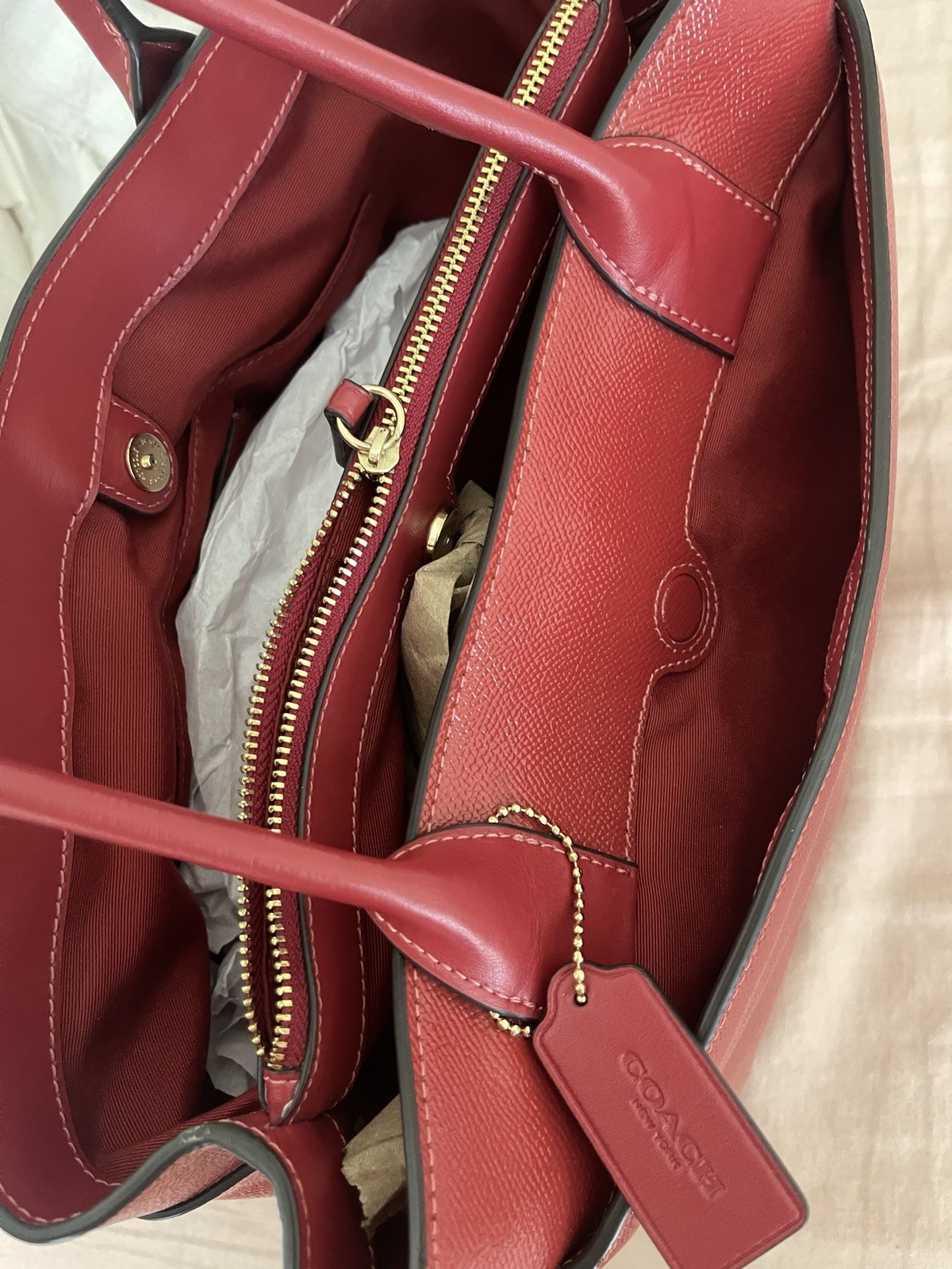 COACH Casey Tote Bag Model F31474 Red Crossgrain Leather Gold Hardware
