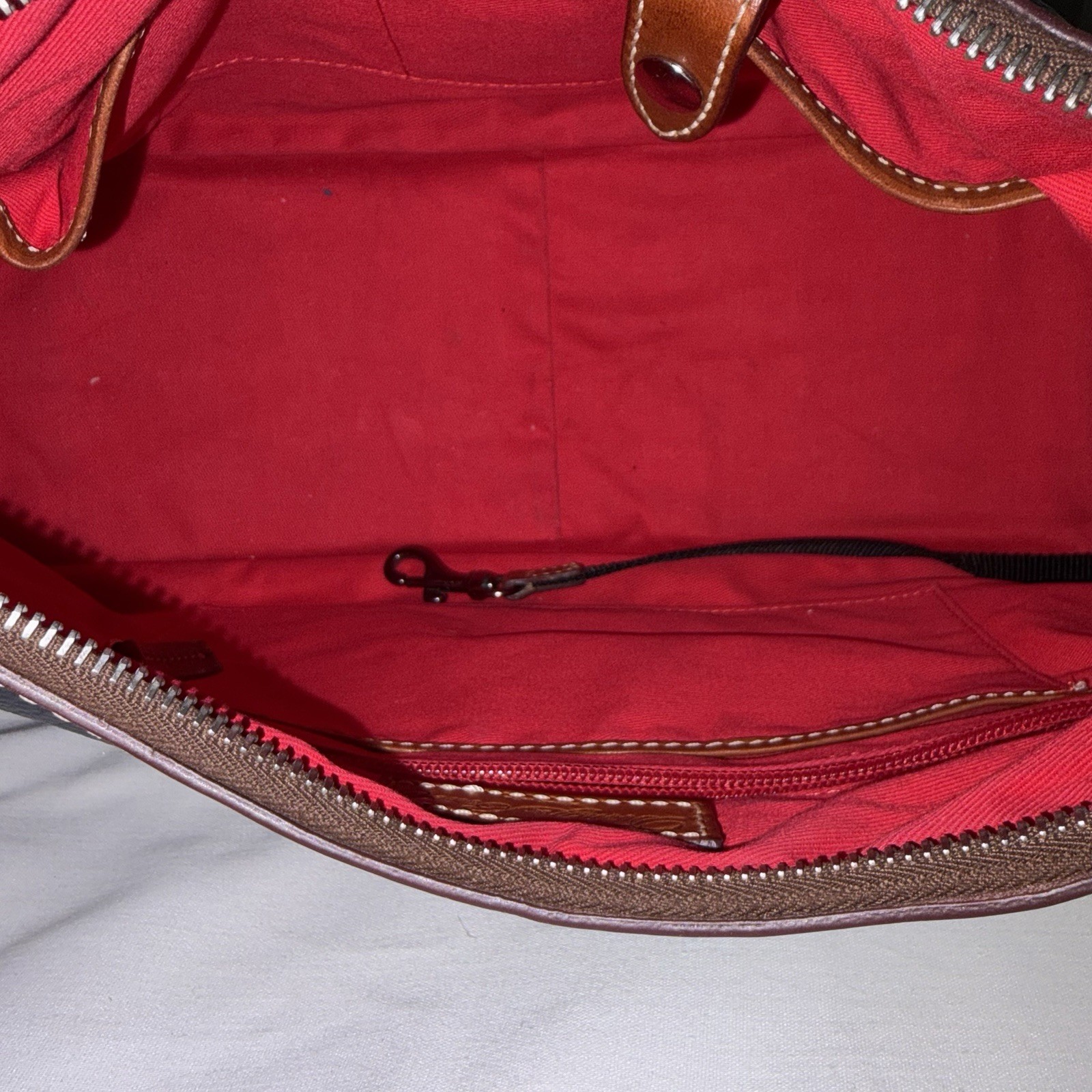 Dooney & Bourke Blue Pebbled Shoulder Bag, Brown Strap, Silver Zip, Red Lining