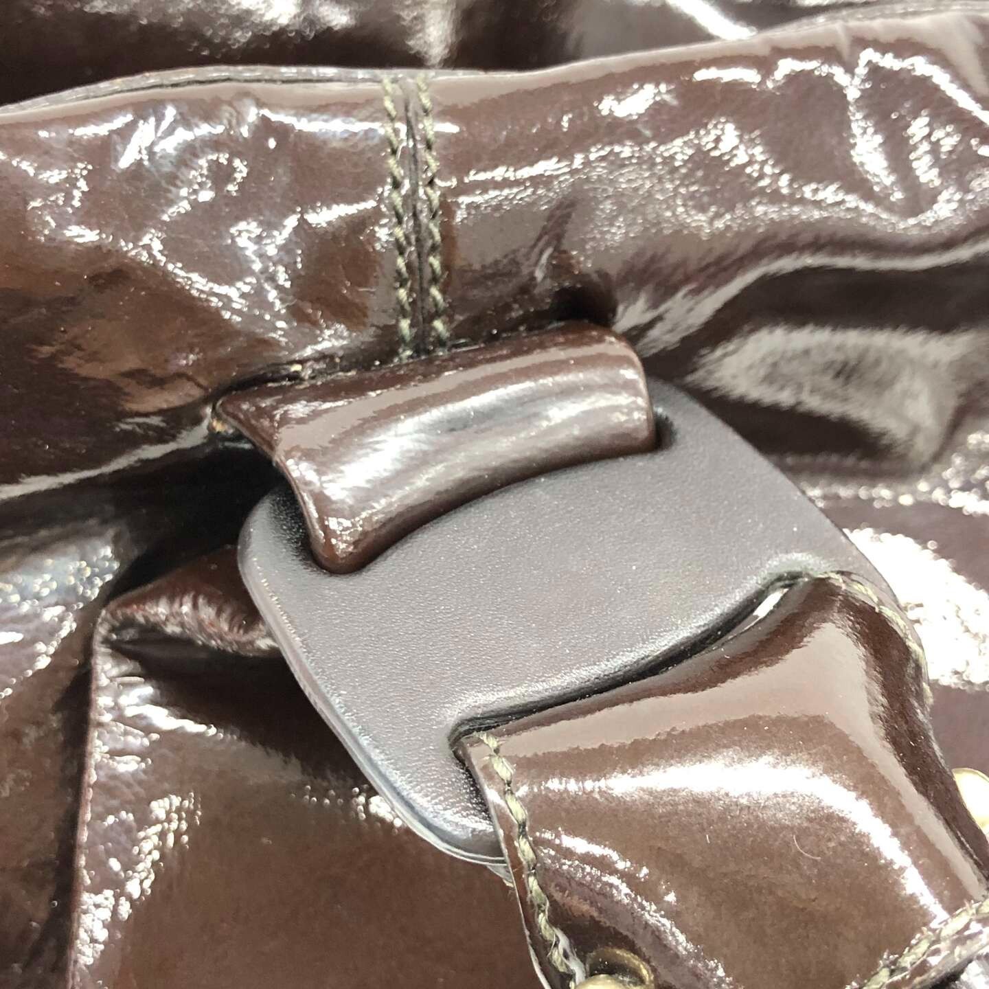 Salvatore Ferragamo Patent Leather Tote Bag Brown Large Shoulder Bag Zip Closure