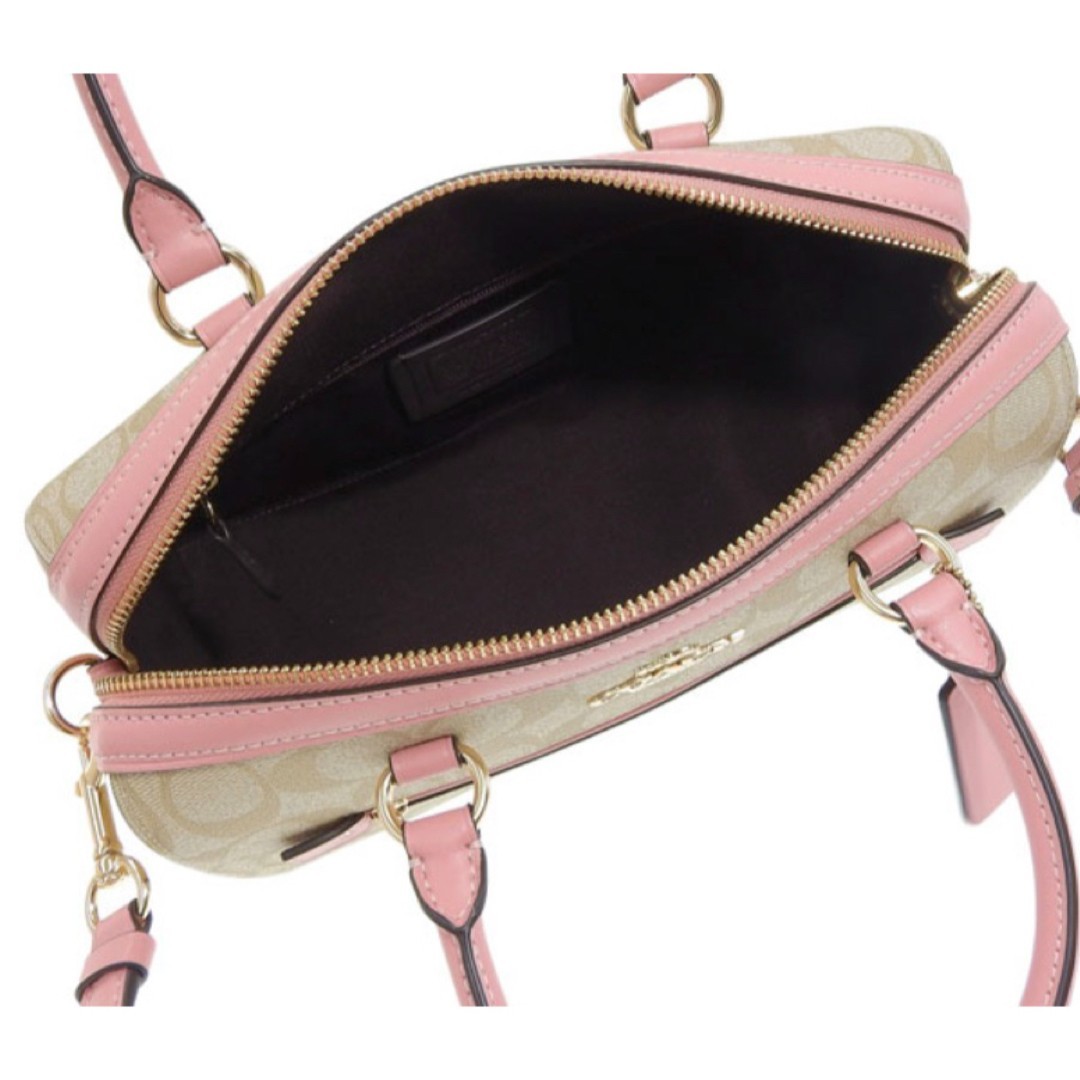 Coach Signature Canvas Boston Bag Pink Leather Trim Crossbody 83607